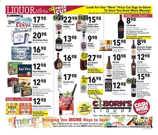 thumbnail - Coborn's Flyer - 06/09/2021 - 06/15/2021 - Sales products - Miller Lite, Coors, Michelob, grapefruits, coconut, Cabernet Sauvignon, red wine, white wine, Chardonnay, wine, Merlot, Pinot Grigio, rosé wine, brandy, gin, rum, vodka, Jim Beam, Hard Seltzer, beer, Busch, XTRA, rose. Page 1.