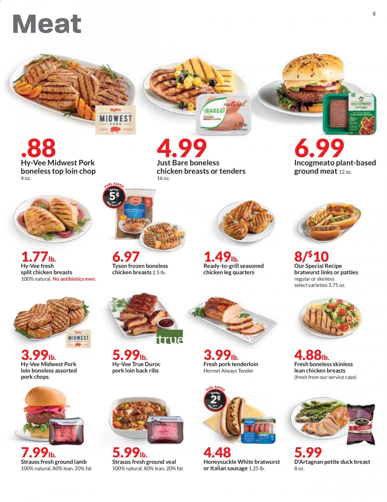 thumbnail - Hy-Vee Flyer - 06/09/2021 - 06/15/2021 - Sales products - Hormel, bratwurst, sausage, italian sausage, chicken breasts, chicken legs, duck meat, duck breasts, ground veal, veal meat, ground lamb, pork chops, pork loin, pork meat, pork tenderloin, lamb meat. Page 8.
