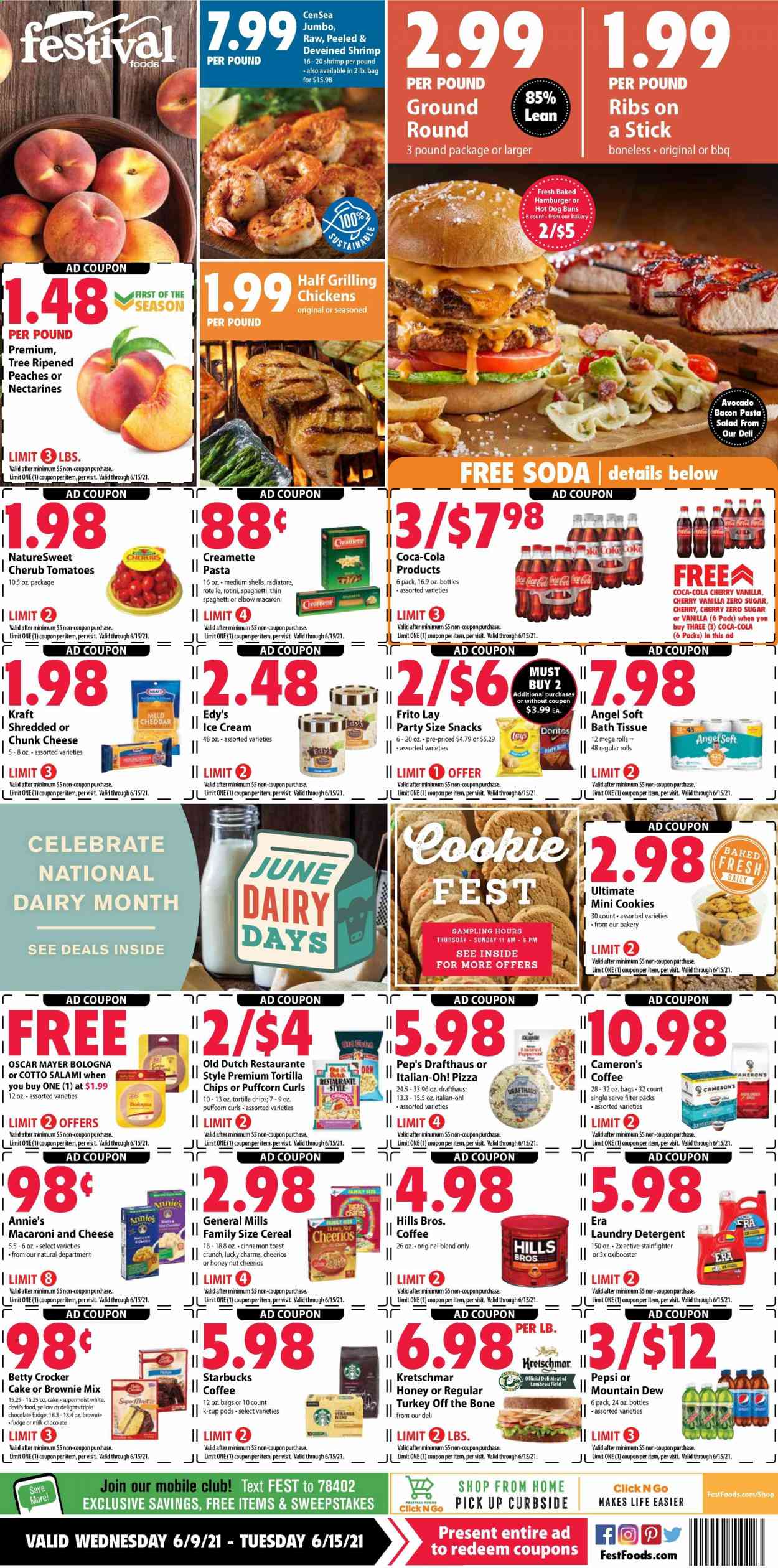 thumbnail - Festival Foods Flyer - 06/09/2021 - 06/15/2021 - Sales products - cake, buns, brownie mix, tomatoes, salad, avocado, cherries, shrimps, macaroni & cheese, spaghetti, pizza, pasta, Annie's, Kraft®, bacon, salami, bologna sausage, Oscar Mayer, pasta salad, mild cheddar, chunk cheese, ice cream, cookies, fudge, milk chocolate, snack, tortilla chips, chips, cereals, Cheerios, Creamette, cinnamon, Coca-Cola, Mountain Dew, Pepsi, soda, coffee, Starbucks, coffee capsules, K-Cups, bath tissue, detergent, laundry detergent, nectarines, peaches. Page 1.