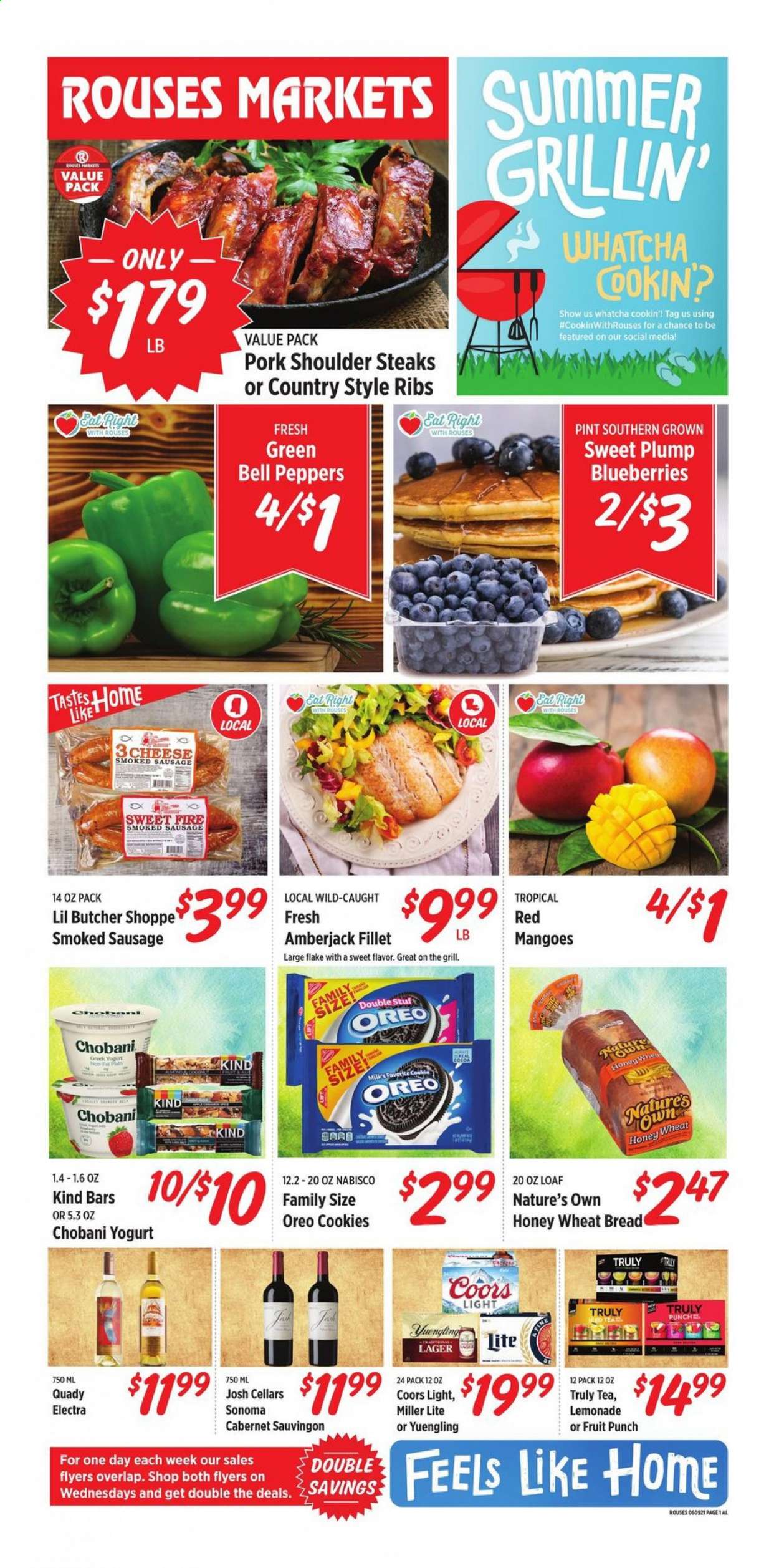 thumbnail - Rouses Markets Flyer - 06/09/2021 - 06/16/2021 - Sales products - Miller Lite, Coors, Yuengling, wheat bread, bell peppers, peppers, blueberries, mango, amberjack, sausage, smoked sausage, greek yoghurt, Oreo, yoghurt, Chobani, cookies, cocoa, lemonade, fruit punch, tea, Cabernet Sauvignon, TRULY, beer, Lager, steak, pork meat, pork ribs, pork shoulder, country style ribs, Nature's Own. Page 1.