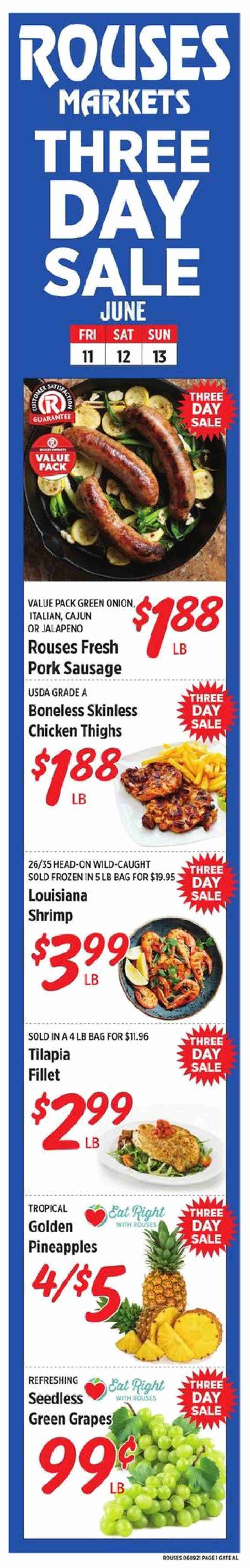 thumbnail - Rouses Markets Flyer - 06/11/2021 - 06/13/2021 - Sales products - onion, green onion, grapes, pineapple, tilapia, shrimps, sausage, pork sausage, chicken thighs. Page 1.