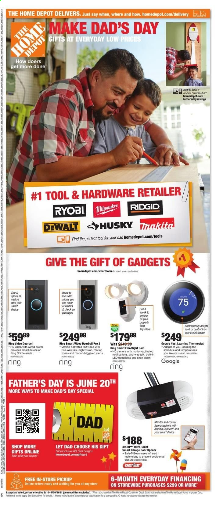thumbnail - The Home Depot Flyer - 06/10/2021 - 06/20/2021 - Sales products - alarm, video doorbell, camera, floodlight, doorbell, door opener, garage door opener, DeWALT, Milwaukee, Ridgid. Page 1.