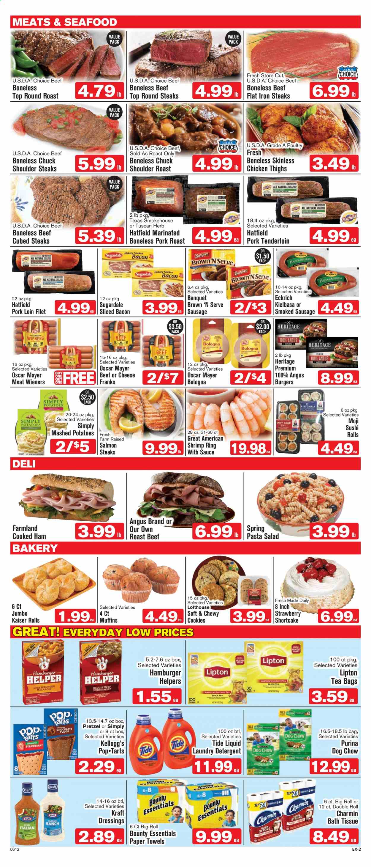 thumbnail - Shop ‘n Save Express Flyer - 06/12/2021 - 06/18/2021 - Sales products - pretzels, muffin, chicken thighs, beef meat, steak, round roast, roast beef, hamburger, pork loin, pork meat, pork roast, pork tenderloin, salmon, seafood, shrimps, mashed potatoes, pasta, Kraft®, Sugardale, bacon, cooked ham, ham, Oscar Mayer, sausage, smoked sausage, Brown 'N Serve, kielbasa, pasta salad, cookies, Bounty, Kellogg's, herbs, Lipton, tea bags, bath tissue, kitchen towels, paper towels, Charmin, detergent, Tide, laundry detergent, Dog Chow, Purina. Page 2.