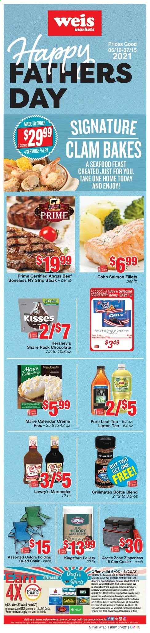 thumbnail - Weis Flyer - 06/10/2021 - 07/15/2021 - Sales products - pie, cream pie, beef meat, steak, striploin steak, clams, salmon, salmon fillet, seafood, Oreo, Hershey's, chocolate, chips, Lipton, tea, Pure Leaf, L'Or, calendar. Page 1.