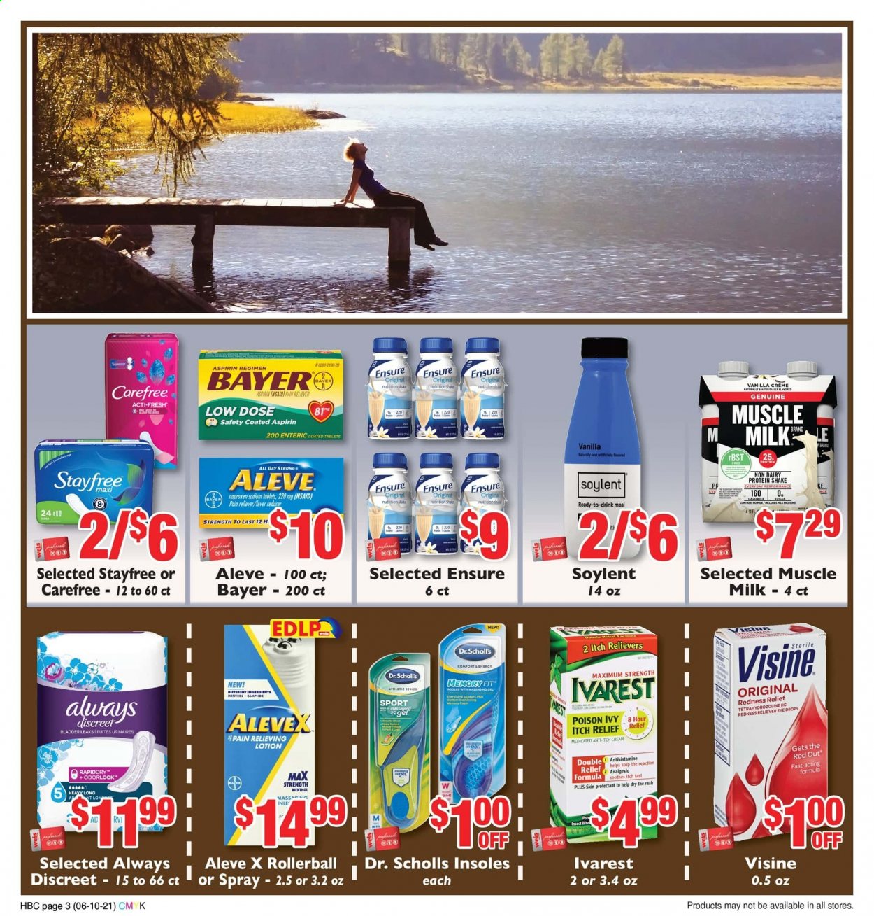 thumbnail - Weis Flyer - 06/10/2021 - 07/15/2021 - Sales products - milk, protein drink, shake, muscle milk, Stayfree, Always Discreet, Carefree, body lotion, Aleve, eye drops, Low Dose, aspirin, Bayer. Page 3.
