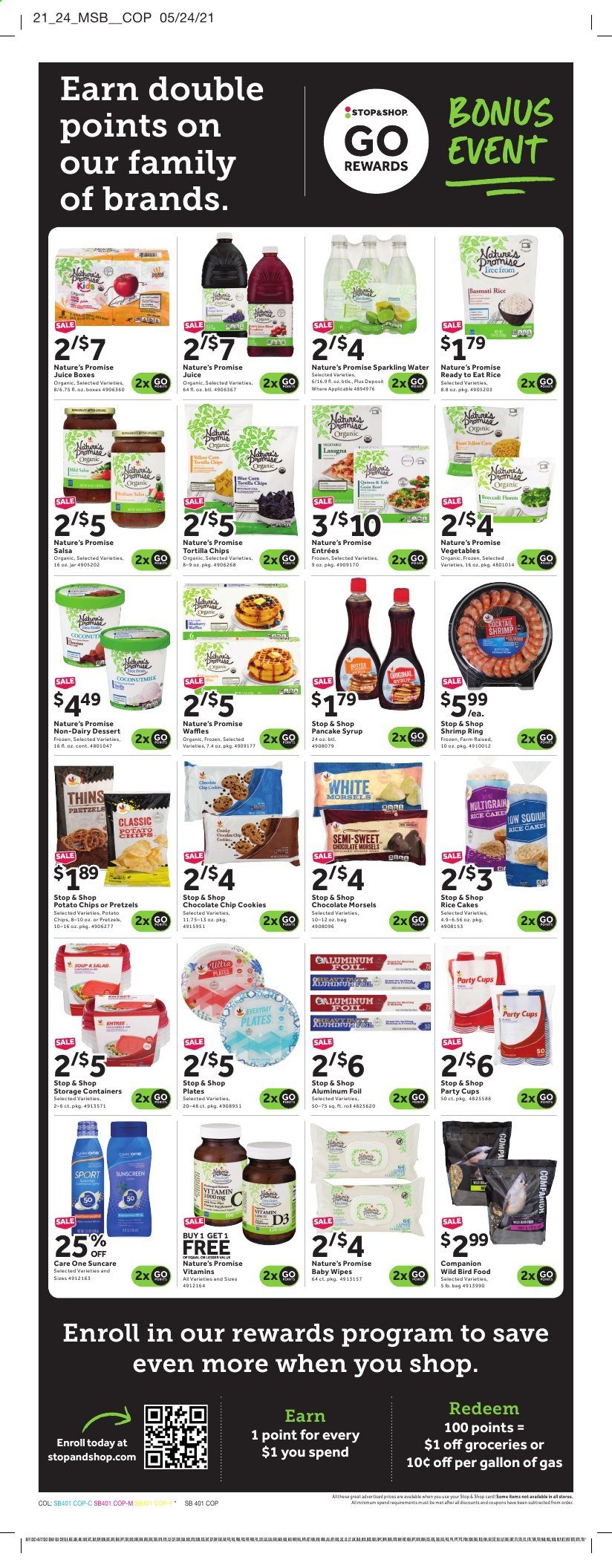 thumbnail - Stop & Shop Flyer - 06/11/2021 - 06/17/2021 - Sales products - pretzels, Nature’s Promise, waffles, shrimps, lasagna meal, cookies, tortilla chips, potato chips, Thins, coconut milk, basmati rice, rice, salsa, pancake syrup, syrup, juice, sparkling water, wipes, baby wipes, aluminium foil, storage box, party cups, animal food, bird food, vitamin D3. Page 3.