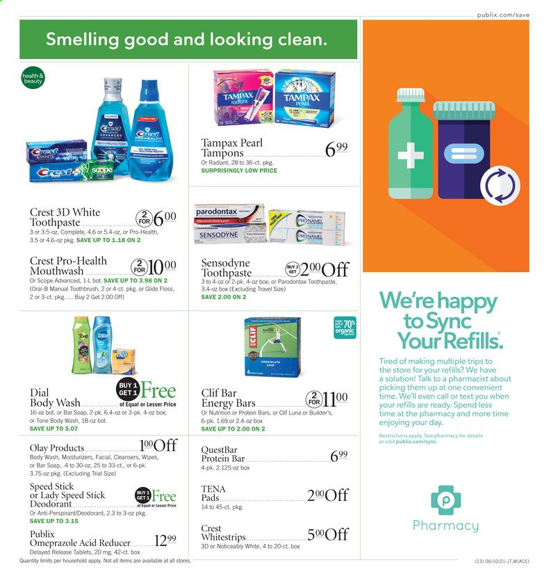 thumbnail - Publix Flyer - 06/10/2021 - 06/16/2021 - Sales products - protein bar, energy bar, wipes, Cif, body wash, soap bar, Dial, soap, toothbrush, Oral-B, toothpaste, Sensodyne, mouthwash, Crest, Tampax, Tena Lady, tampons, moisturizer, Olay, anti-perspirant, Speed Stick, deodorant. Page 13.