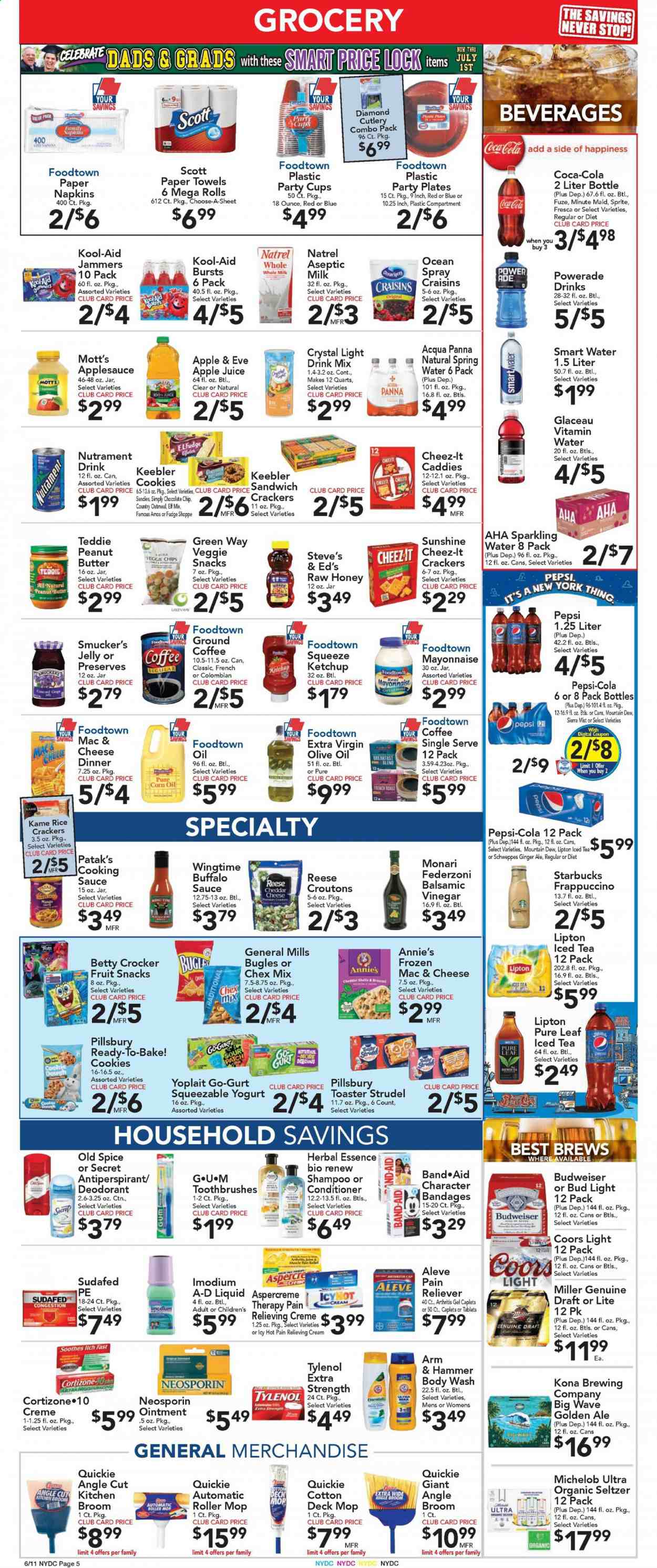 thumbnail - Foodtown Flyer - 06/11/2021 - 06/17/2021 - Sales products - Budweiser, Coors, Michelob, strudel, corn, mango, Mott's, sandwich, sauce, Pillsbury, Annie's, yoghurt, Yoplait, milk, Sunshine, mayonnaise, cookie dough, cookies, fudge, jelly, crackers, fruit snack, Keebler, rice crackers, Chex Mix, ARM & HAMMER, croutons, oatmeal, craisins, spice, ketchup, corn oil, extra virgin olive oil, olive oil, apple sauce, honey, peanut butter, dried fruit, apple juice, Coca-Cola, ginger ale, Mountain Dew, Schweppes, Sprite, Powerade, Pepsi, juice, Lipton, ice tea, Sierra Mist, fruit punch, seltzer water, spring water, Smartwater, vitamin water, Pure Leaf, coffee, Starbucks, ground coffee, frappuccino, beer, Bud Light, Miller, napkins, ointment, kitchen towels, paper towels, WAVE, body wash, shampoo, Old Spice, conditioner, anti-perspirant, deodorant, mop, broom, angle broom, plate, party cups, cup, Aleve, Neosporin, Sudafed, Tylenol, Imodium, Aspercreme. Page 7.