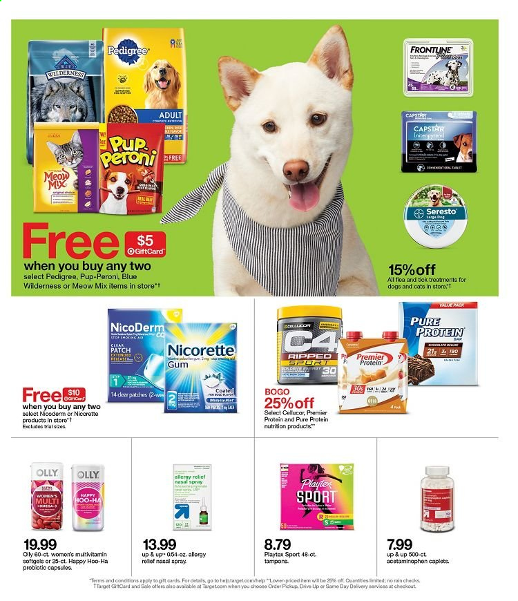 thumbnail - Target Flyer - 06/13/2021 - 06/19/2021 - Sales products - Playtex, tampons, Target, Pedigree, Pup-Peroni, Meow Mix, multivitamin, NicoDerm, Nicorette, nasal spray, allergy relief. Page 17.