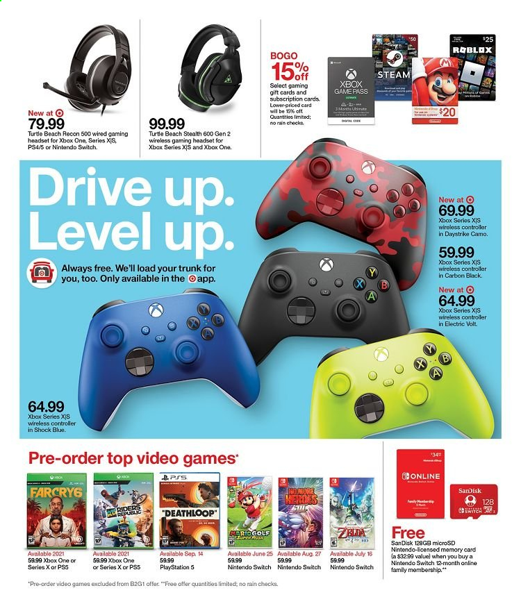 thumbnail - Target Flyer - 06/13/2021 - 06/19/2021 - Sales products - Sandisk, wireless controller, gaming headset, Nintendo Switch, memory card, Xbox One, PlayStation, Xbox, PlayStation 4, PlayStation 5, headset. Page 28.