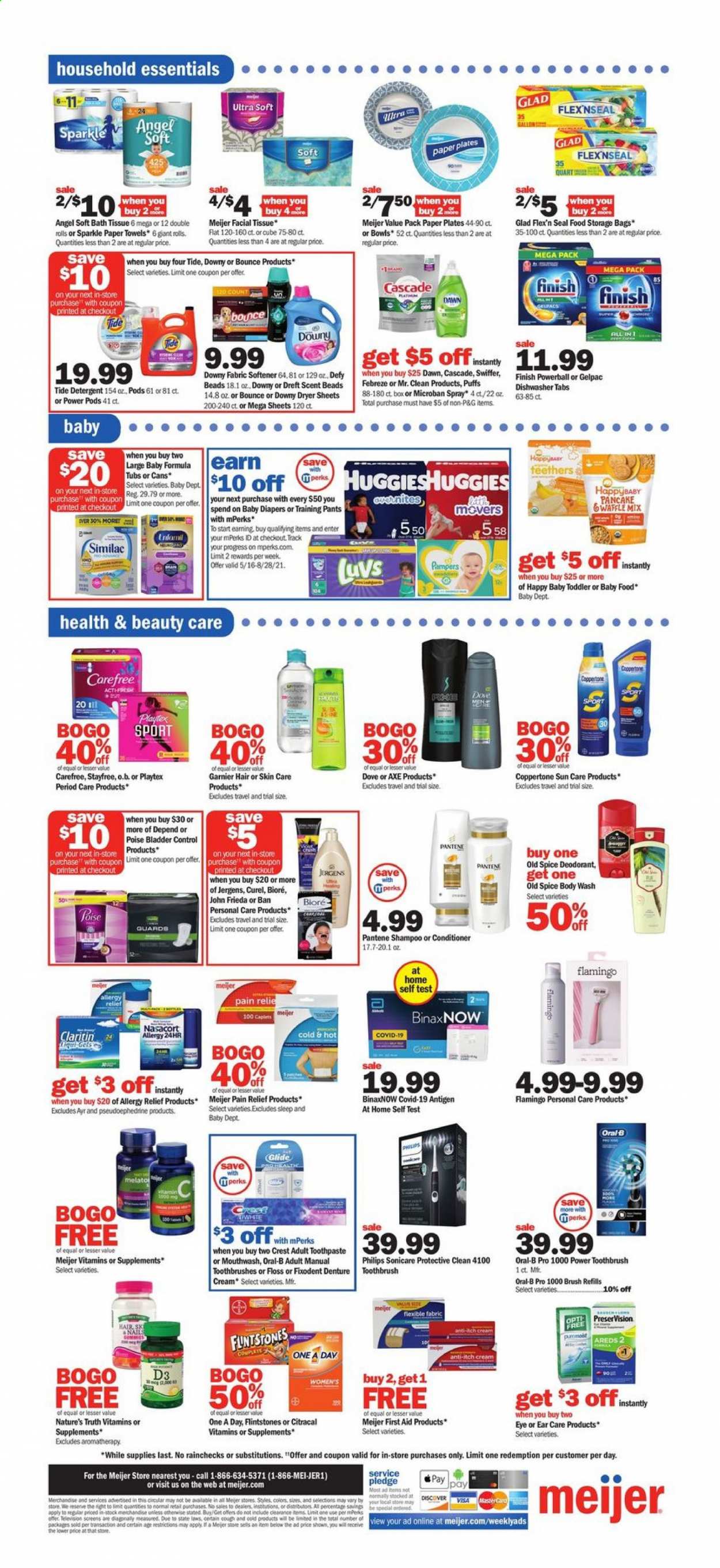 thumbnail - Meijer Flyer - 06/13/2021 - 06/19/2021 - Sales products - puffs, pancakes, salt, spice, Similac, Pampers, pants, nappies, baby pants, bath tissue, kitchen towels, paper towels, detergent, Febreze, Pledge, Swiffer, Cascade, Tide, fabric softener, dryer sheets, Downy Laundry, Finish Powerball, body wash, Dove, shampoo, Old Spice, toothbrush, Oral-B, toothpaste, mouthwash, denture cream, Fixodent, Crest, Stayfree, Playtex, Carefree, Garnier, Curél, Bioré®, conditioner, Pantene, John Frieda, Jergens, anti-perspirant, deodorant, storage bag, plate, Philips, bag, Nature's Truth, pain relief, vitamin D3, allergy relief. Page 14.