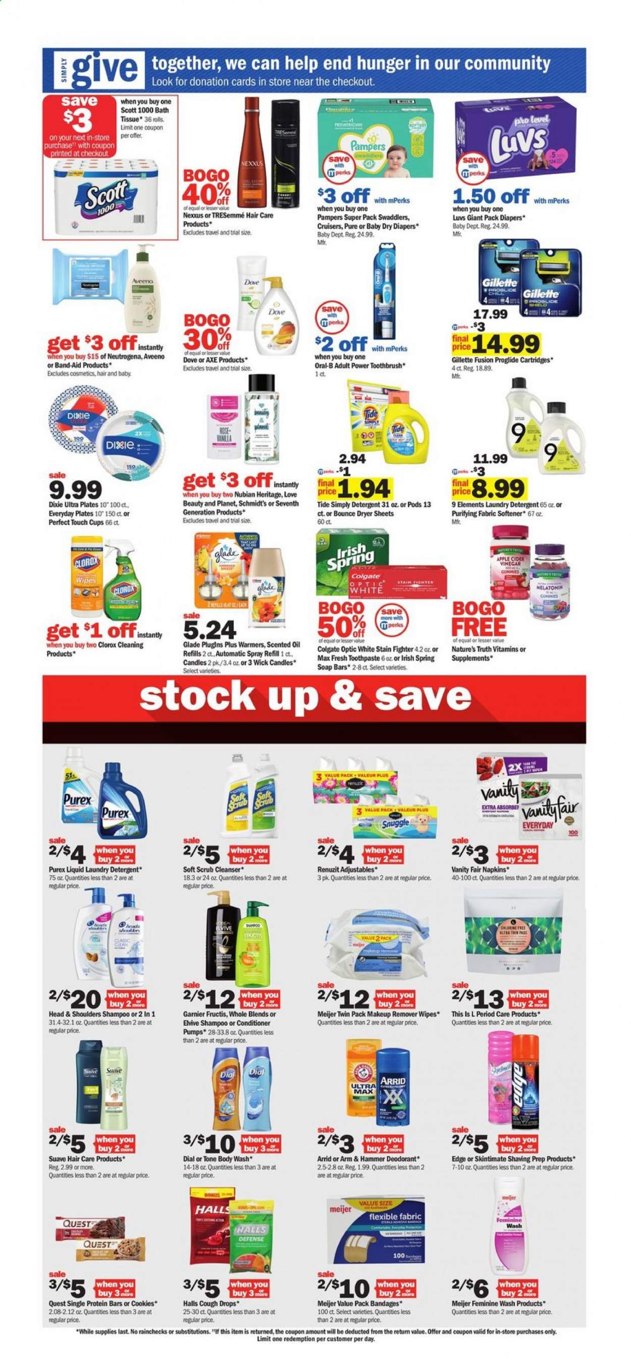 thumbnail - Meijer Flyer - 06/13/2021 - 06/19/2021 - Sales products - Scott, cookies, Halls, ARM & HAMMER, protein bar, vinegar, oil, wine, rosé wine, wipes, Pampers, napkins, nappies, Aveeno, bath tissue, detergent, Clorox, Snuggle, Tide, fabric softener, laundry detergent, Bounce, dryer sheets, Purex, body wash, Dove, shampoo, Suave, Dial, soap, Colgate, toothbrush, Oral-B, toothpaste, cleanser, Garnier, Neutrogena, conditioner, TRESemmé, Head & Shoulders, Nexxus, Fructis, anti-perspirant, deodorant, Gillette, plate, cup, candle, Renuzit, Glade, scented oil, Melatonin, Nature's Truth, cough drops, makeup remover. Page 16.