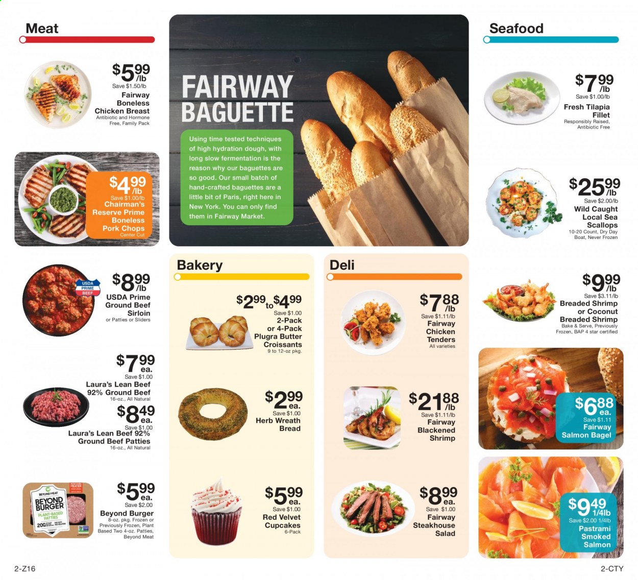 thumbnail - Fairway Market Flyer - 06/11/2021 - 06/17/2021 - Sales products - bagels, baguette, bread, croissant, cupcake, salad, salmon, scallops, smoked salmon, tilapia, seafood, shrimps, pastrami, herbs, chicken tenders, beef meat, beef sirloin, ground beef, pork chops, pork meat. Page 2.