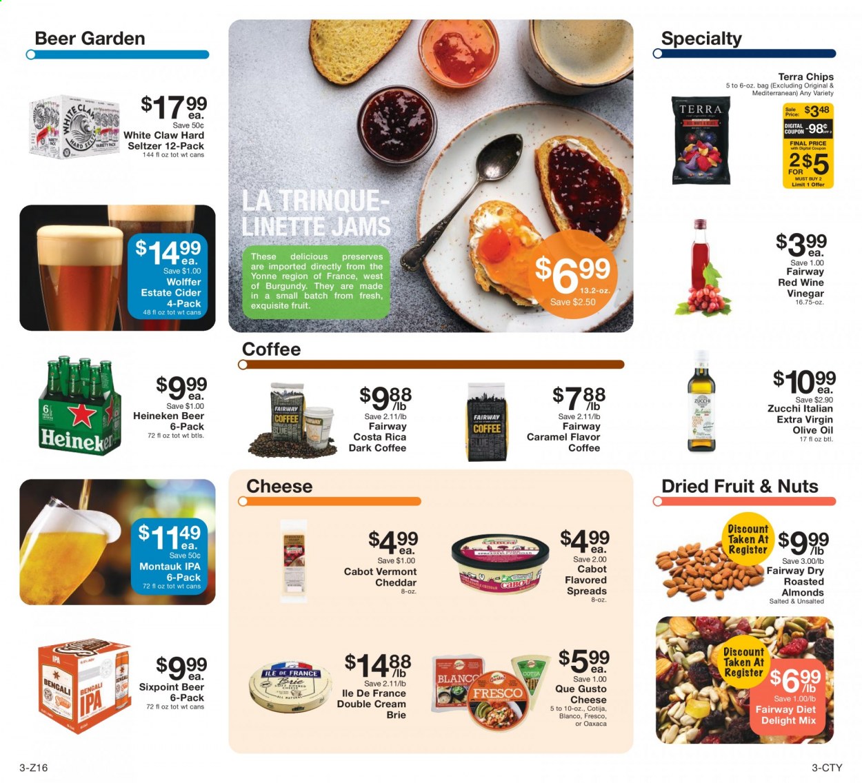 thumbnail - Fairway Market Flyer - 06/11/2021 - 06/17/2021 - Sales products - cheese, brie, chips, caramel, extra virgin olive oil, wine vinegar, olive oil, oil, almonds, dried fruit, coffee, wine, White Claw, Hard Seltzer, cider, beer, Heineken, IPA. Page 3.