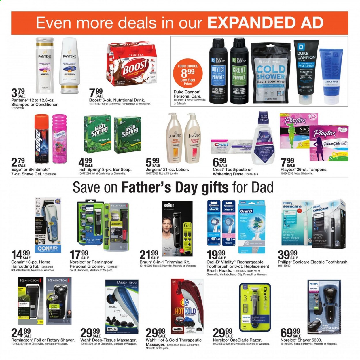 thumbnail - Fleet Farm Flyer - 06/11/2021 - 06/19/2021 - Sales products - Nestlé, chocolate, 7 Days, powder chocolate, Boost, wipes, tissues, shampoo, soap bar, soap, toothbrush, Oral-B, toothpaste, Crest, Playtex, tampons, conditioner, Pantene, body lotion, body spray, Jergens, razor, shave gel, shaver, trimmer, Philips, Remington, Braun. Page 5.