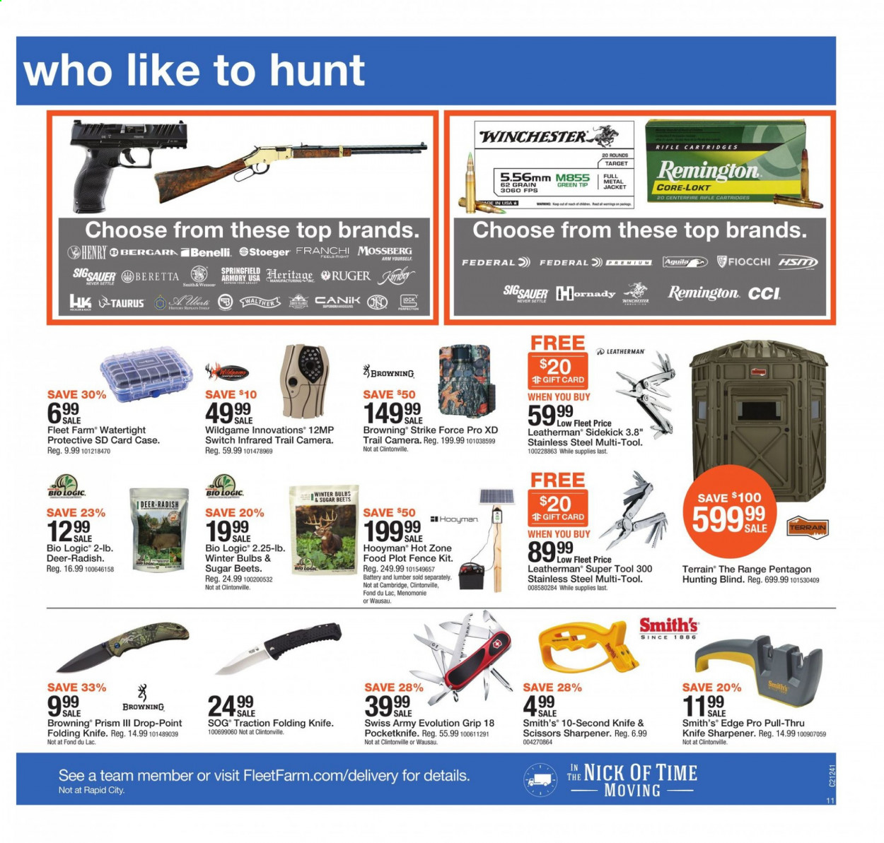 thumbnail - Fleet Farm Flyer - 06/11/2021 - 06/19/2021 - Sales products - Smith's, Target, knife, knife sharpener, sharpener, scissors, battery, memory card, camera, trail cam, jacket, Browning, folding knife, Remington, rifle, SOG, switch. Page 11.