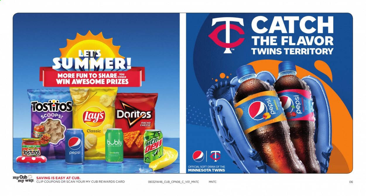 thumbnail - Cub Foods Flyer - 06/13/2021 - 06/26/2021 - Sales products - cheese, Doritos, Lay’s, Tostitos, salsa, soft drink, sparkling water. Page 6.