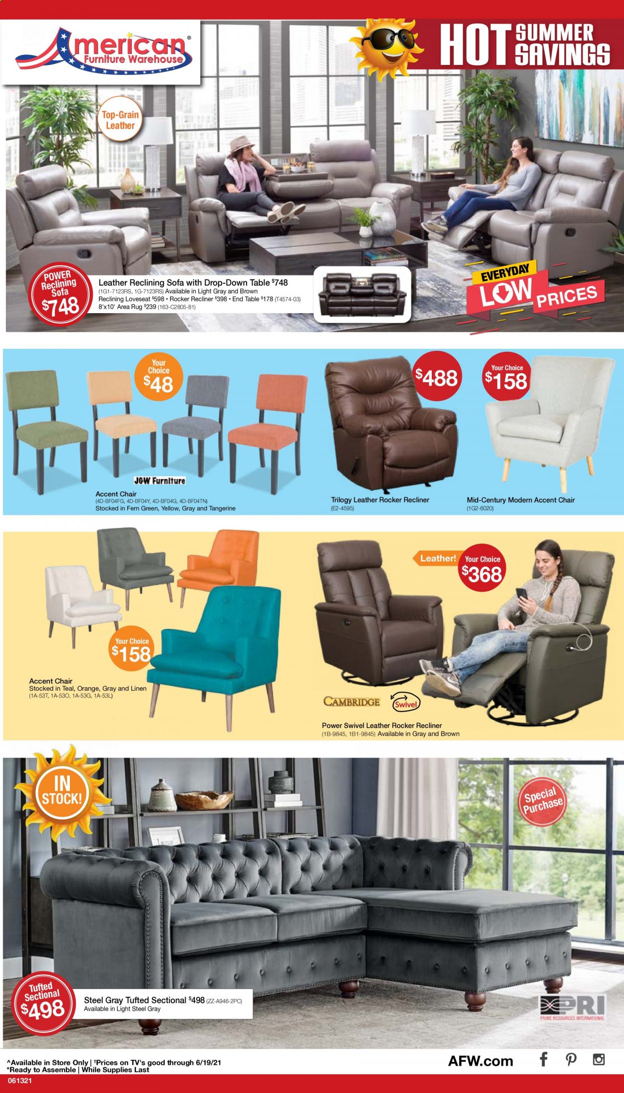 thumbnail - American Furniture Warehouse Flyer - 06/13/2021 - 06/19/2021 - Sales products - chair, accent chair, loveseat, sofa, recliner chair, end table, linens, rug, area rug. Page 1.