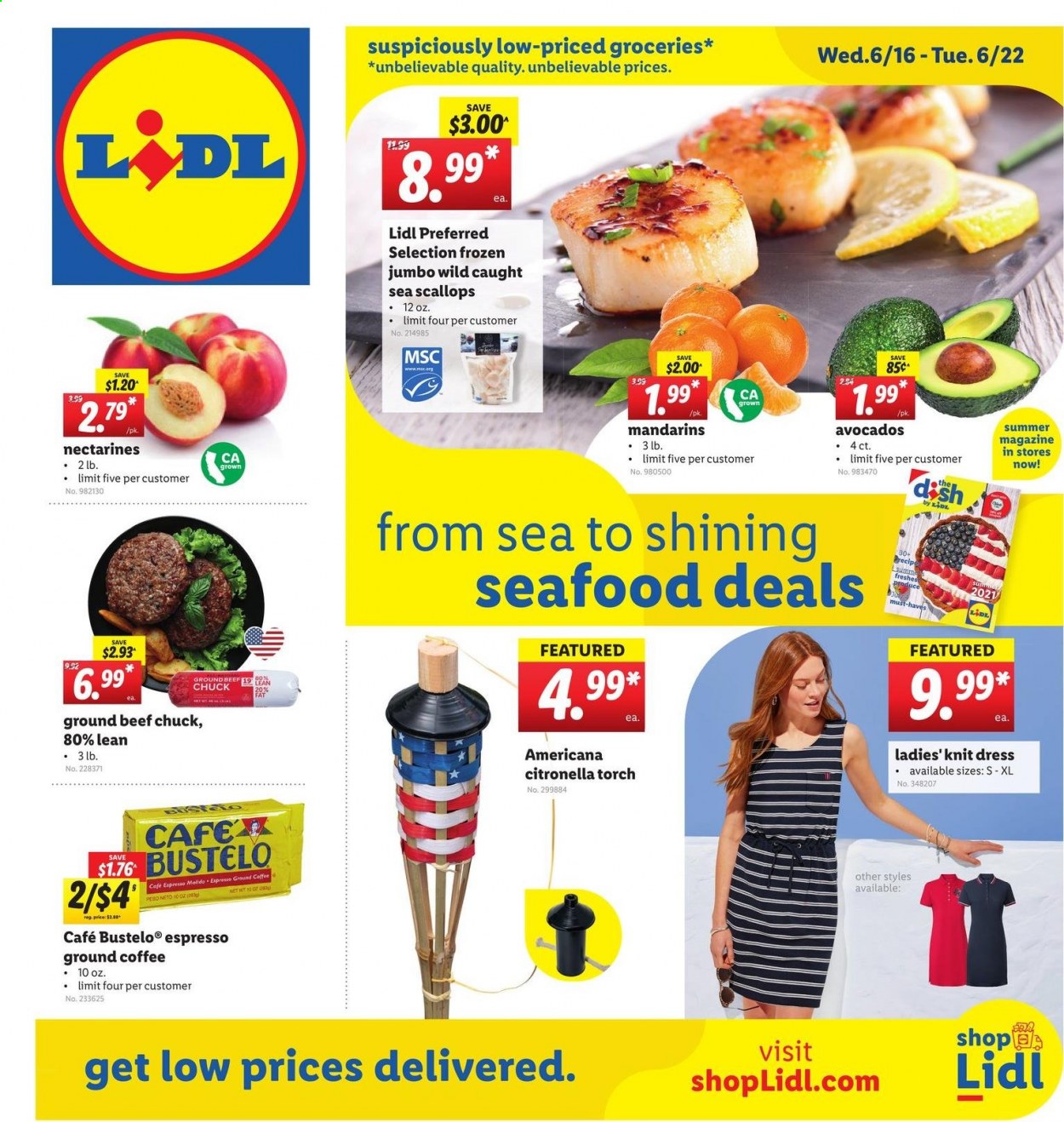 thumbnail - Lidl Flyer - 06/16/2021 - 06/22/2021 - Sales products - avocado, mandarines, scallops, seafood, coffee, ground coffee, beef meat, ground beef, dress, torch, nectarines. Page 1.