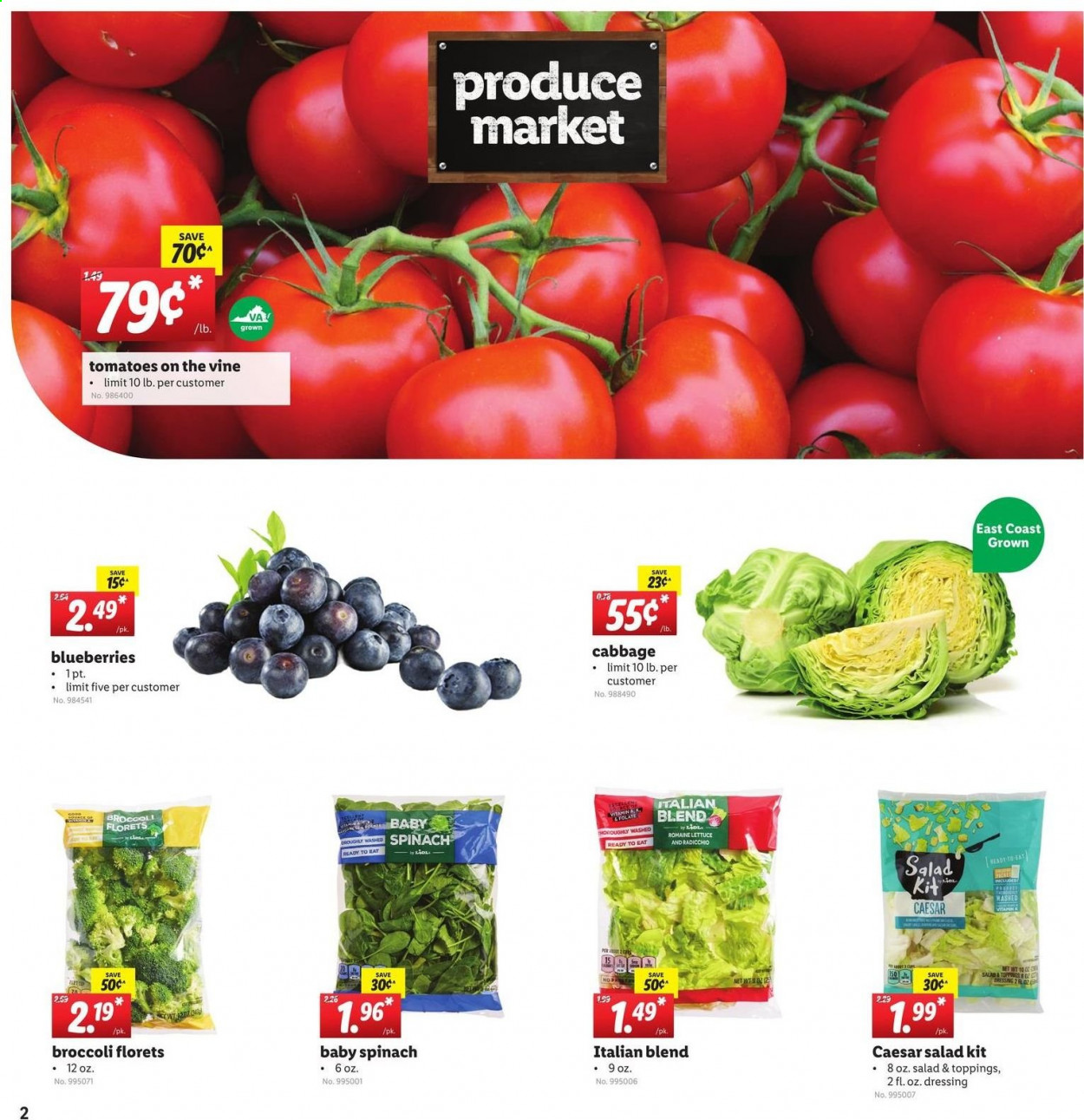 thumbnail - Lidl Flyer - 06/16/2021 - 06/22/2021 - Sales products - broccoli, cabbage, spinach, tomatoes, lettuce, radicchio, salad, blueberries, dressing. Page 2.