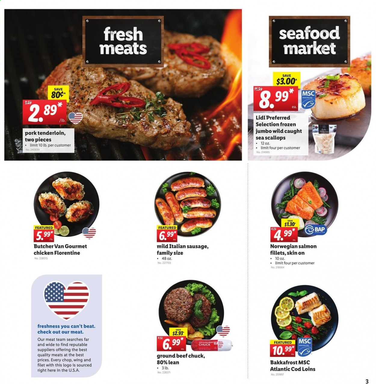 thumbnail - Lidl Flyer - 06/16/2021 - 06/22/2021 - Sales products - cod, salmon, salmon fillet, scallops, seafood, sausage, italian sausage, beef meat, ground beef, pork meat, pork tenderloin. Page 3.
