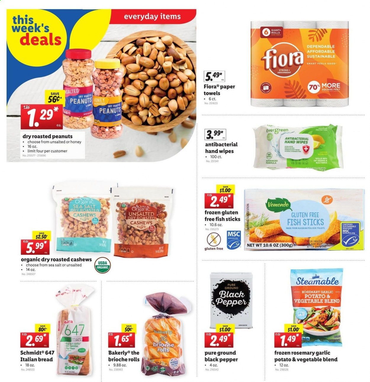 thumbnail - Lidl Flyer - 06/16/2021 - 06/22/2021 - Sales products - bread, brioche, pollock, fish, fish fingers, fish sticks, rosemary, cashews, roasted peanuts, peanuts, wipes, paper, towel. Page 5.