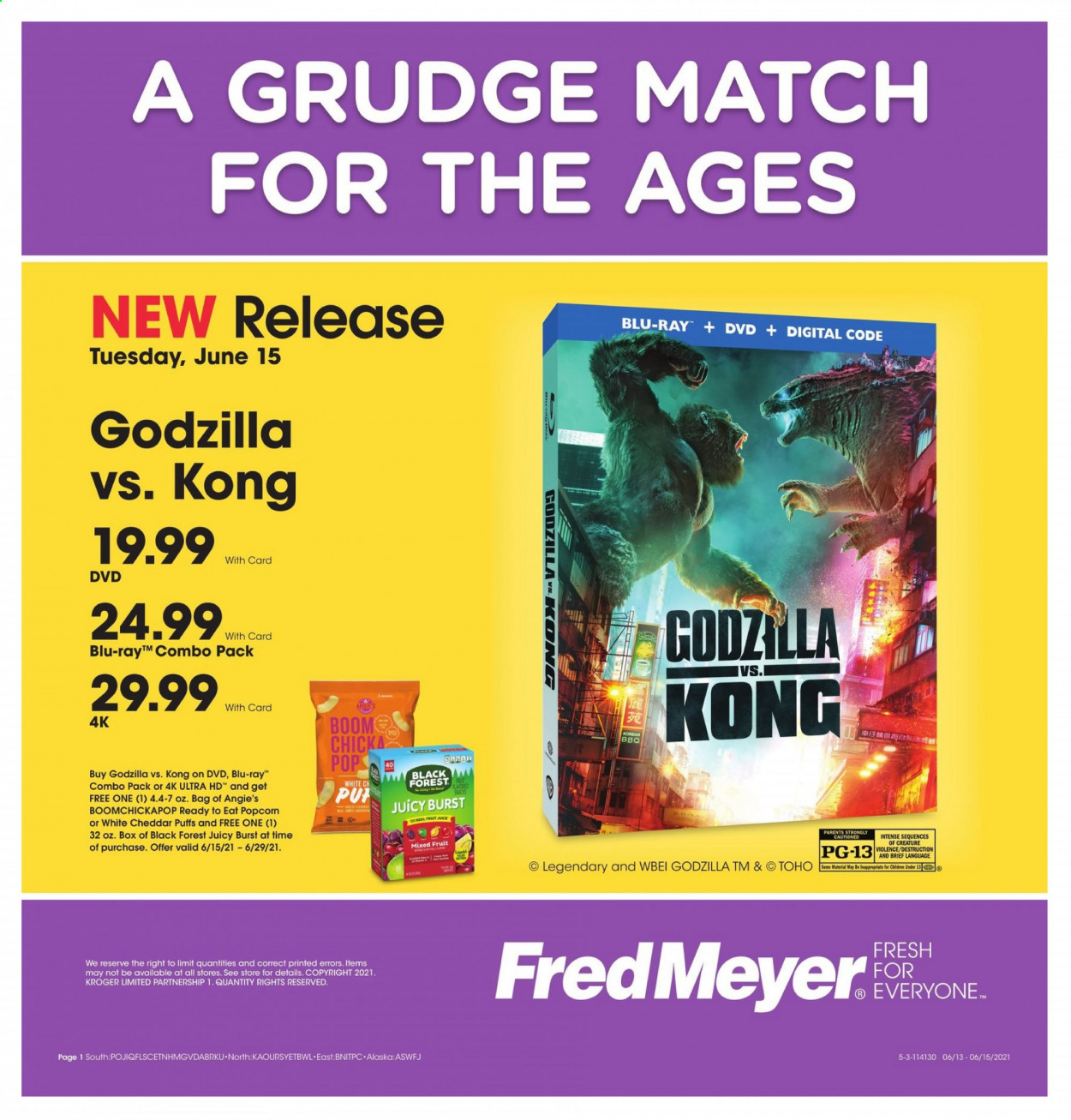 thumbnail - Fred Meyer Flyer - 06/15/2021 - 06/15/2021 - Sales products - puffs, cheddar, popcorn, juice, fruit juice, DVD, UHD TV, ultra hd, Blu-ray. Page 1.