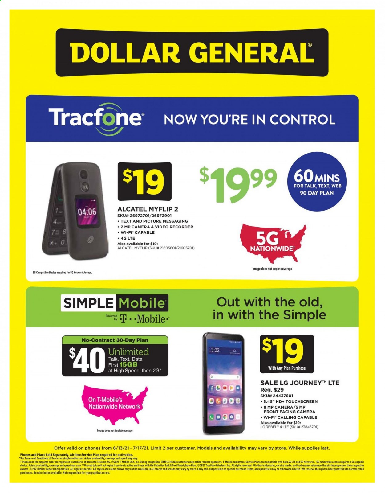 thumbnail - Dollar General Flyer - 06/13/2021 - 07/17/2021 - Sales products - LG, Alcatel, recorder. Page 1.