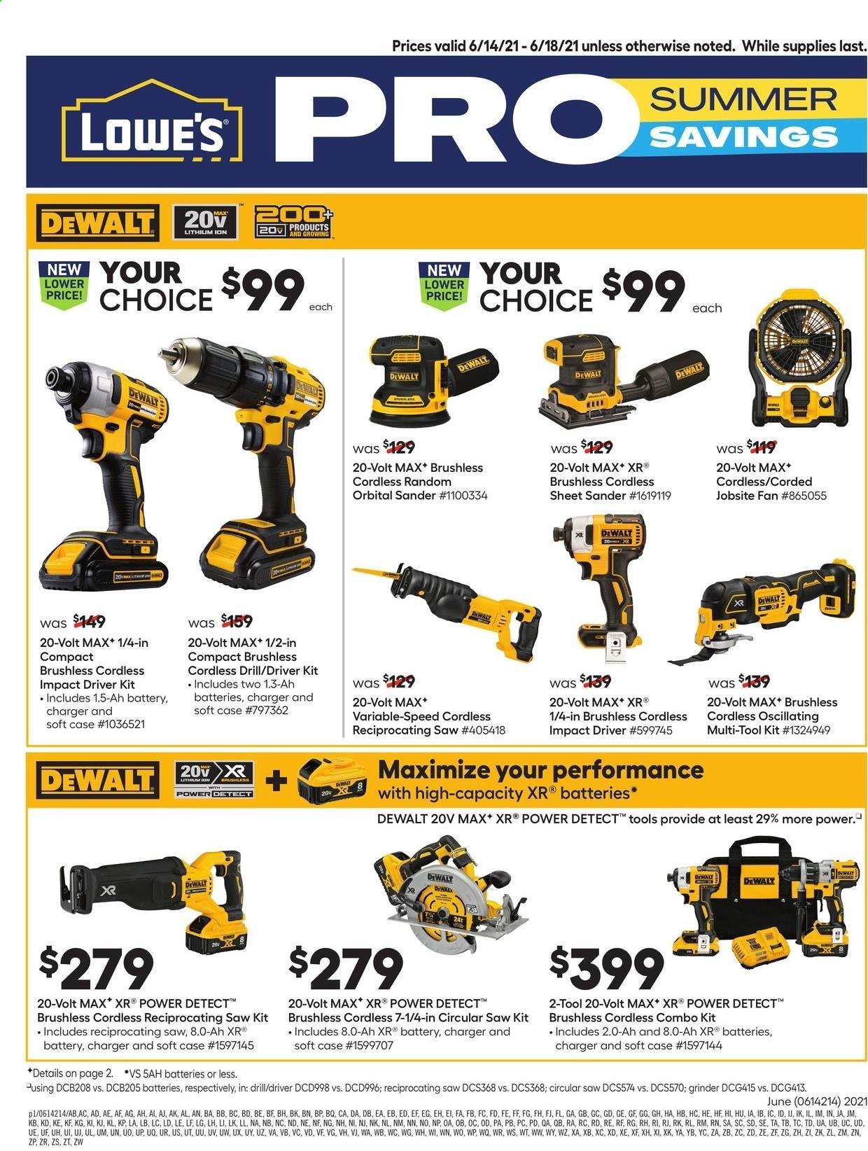 thumbnail - Lowe's Flyer - 06/14/2021 - 06/18/2021 - Sales products - grinder, cordless combo kit, DeWALT, drill, impact driver, circular saw, saw, reciprocating saw, combo kit, tool set. Page 1.