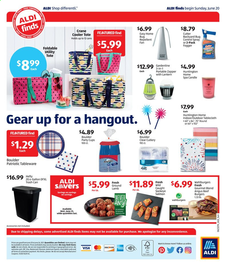 thumbnail - ALDI Flyer - 06/20/2021 - 06/26/2021 - Sales products - salmon, hamburger, beef burger, beef meat, ground lamb, lamb meat, Hefty, repellent, gallon, trash can, tableware, cup, paper, cutter, candle, party cups, tablecloth, tote, lantern, fogger. Page 4.