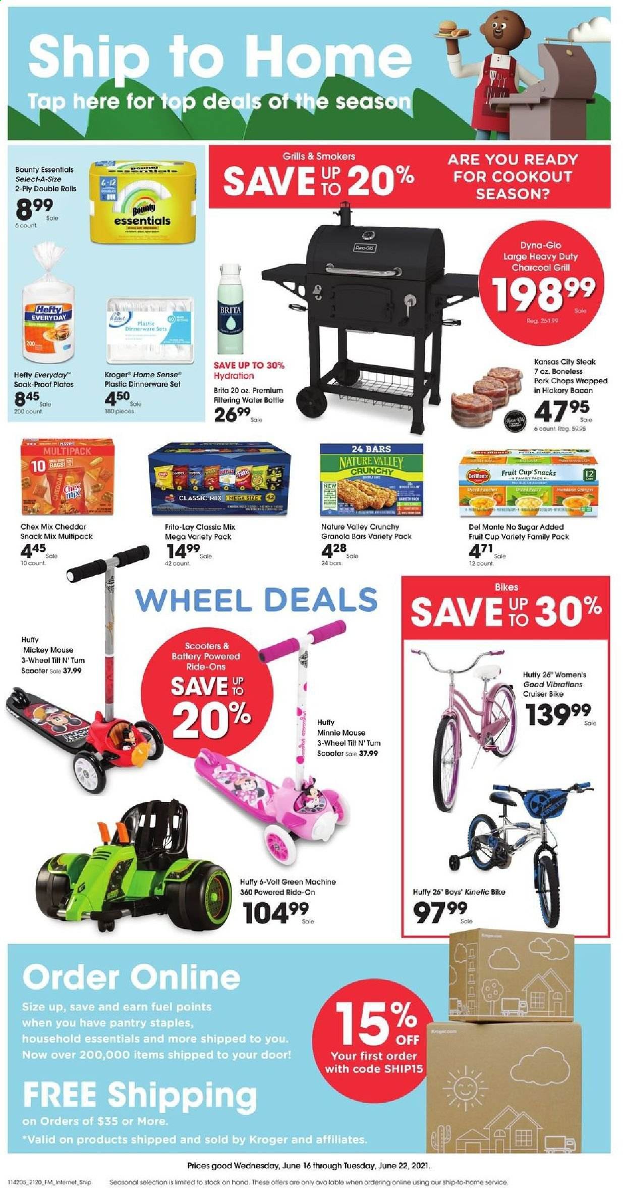 thumbnail - Fred Meyer Flyer - 06/16/2021 - 06/22/2021 - Sales products - bacon, hickory bacon, cheddar, snack, Bounty, Frito-Lay, Chex Mix, granola bar, Nature Valley, steak, pork chops, pork meat, Mickey Mouse, Hefty, dinnerware set, drink bottle, Minnie Mouse, cruiser. Page 1.