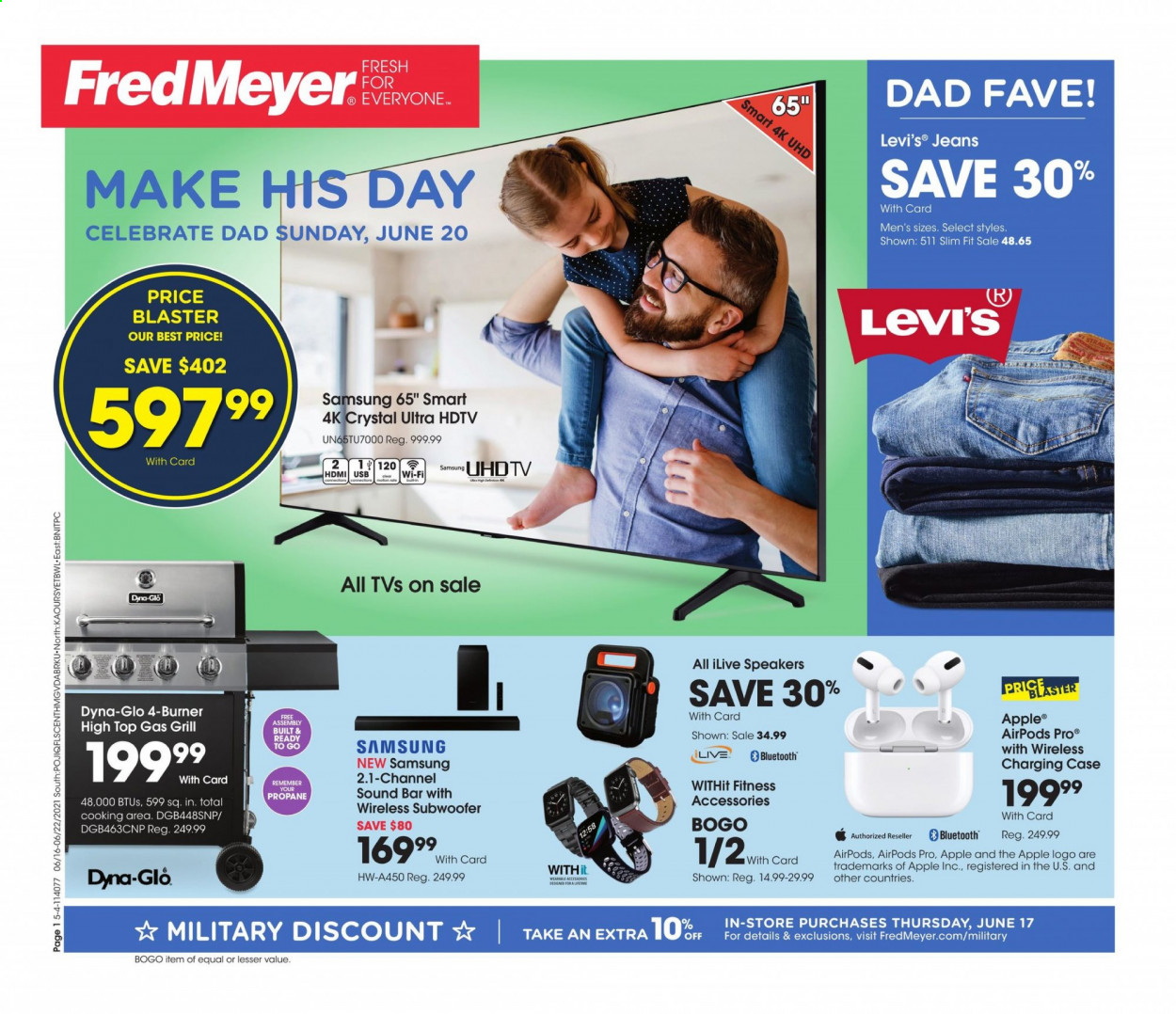 thumbnail - Fred Meyer Flyer - 06/16/2021 - 06/22/2021 - Sales products - Samsung, UHD TV, HDTV, TV, speaker, subwoofer, wireless subwoofer, sound bar, Airpods. Page 1.