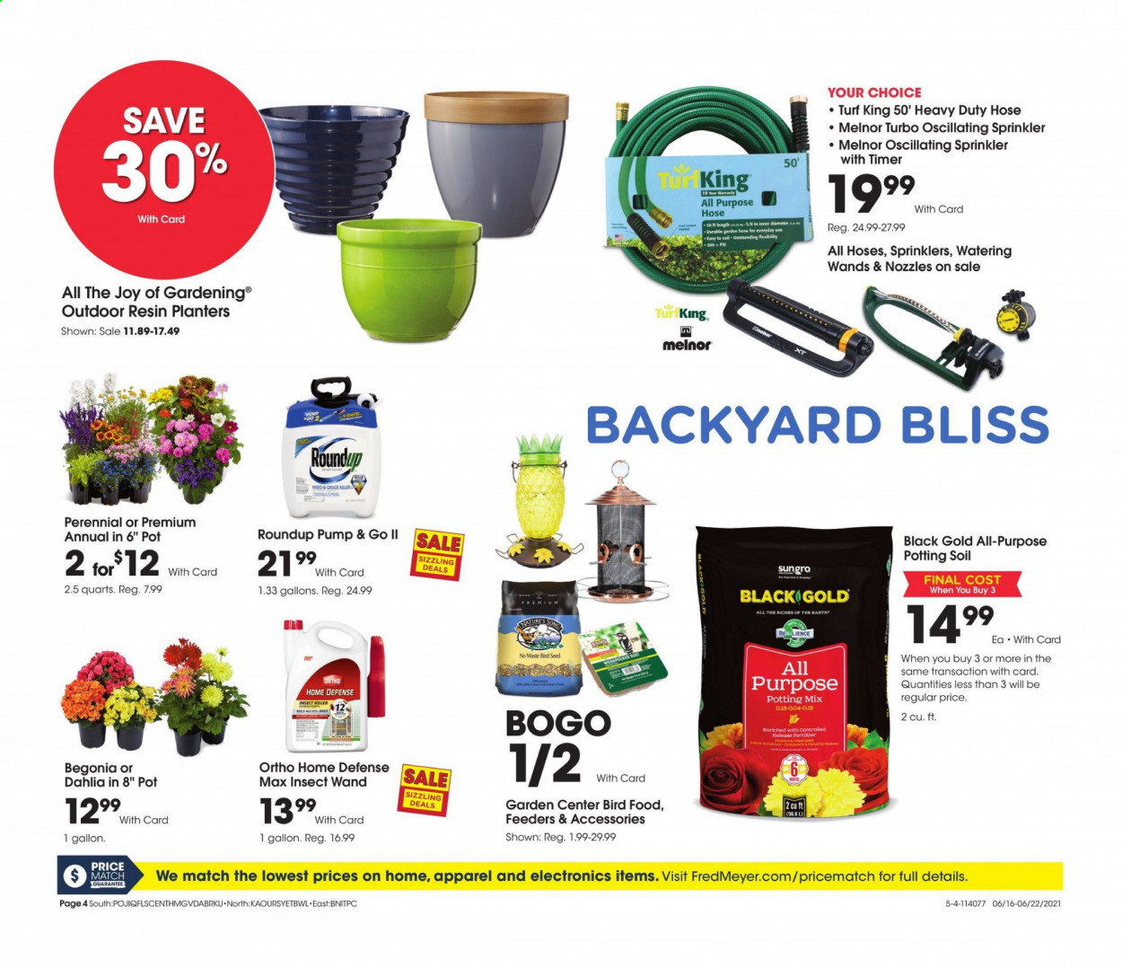 thumbnail - Fred Meyer Flyer - 06/16/2021 - 06/22/2021 - Sales products - suet, Planters, insect killer, gallon, pot, animal food, bird food, plant seeds, begonia, potting mix, garden hose, Roundup. Page 4.