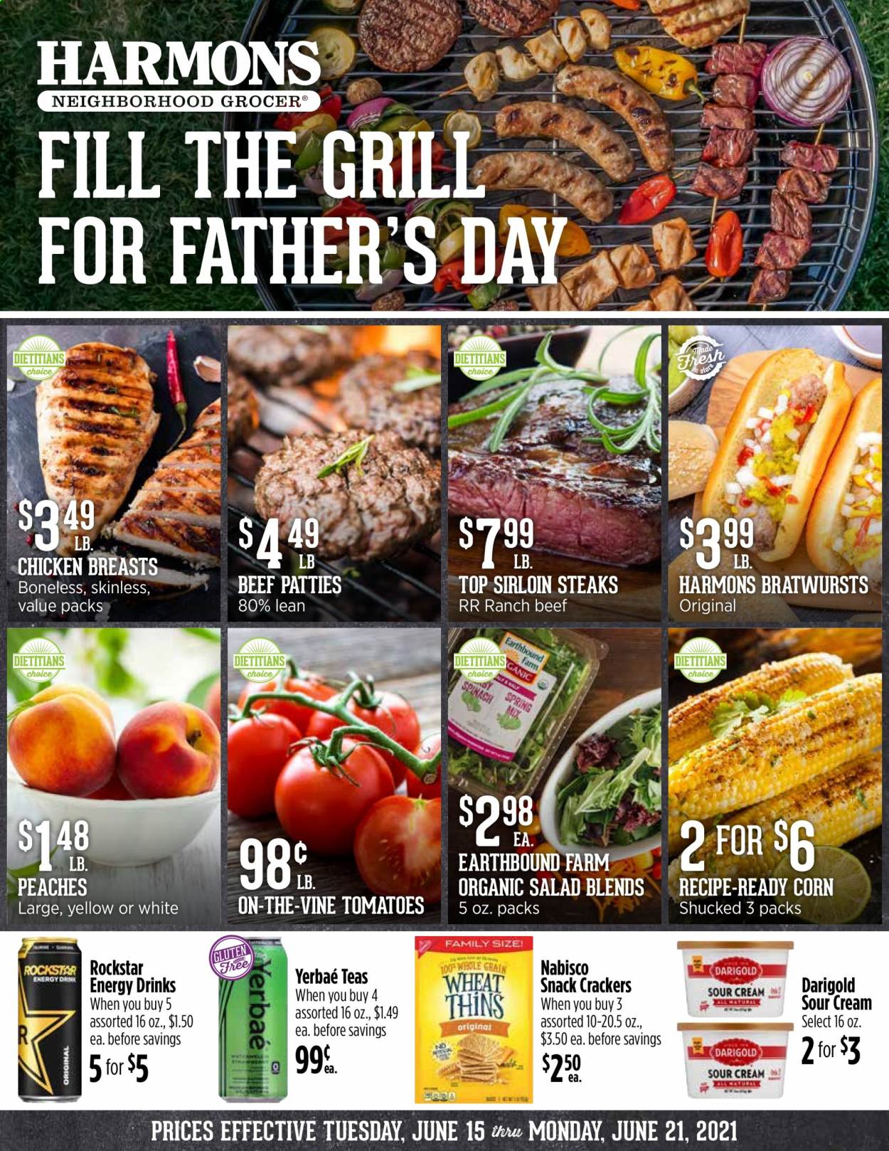 thumbnail - Harmons Flyer - 06/15/2021 - 06/21/2021 - Sales products - corn, sour cream, snack, crackers, Thins, energy drink, Rockstar, chicken breasts, steak, sirloin steak, grill, peaches. Page 1.