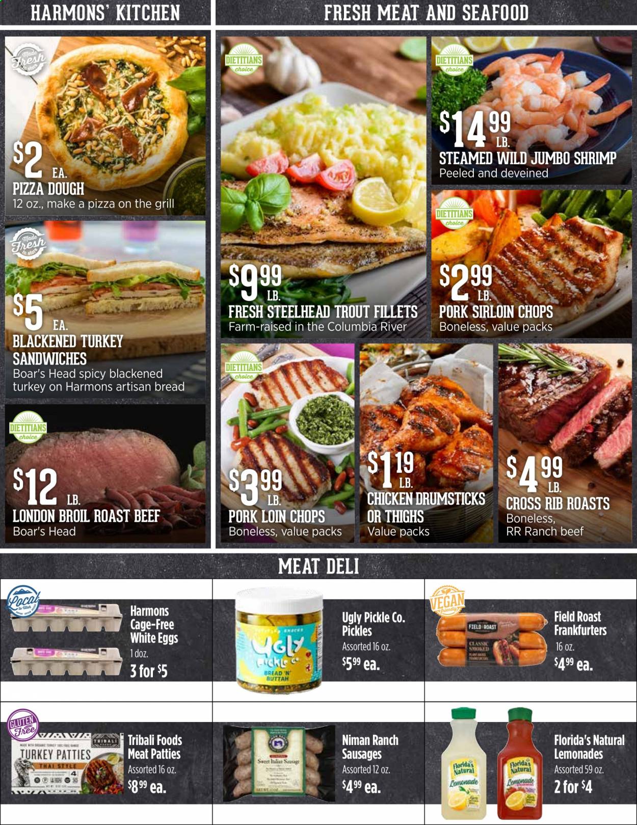 thumbnail - Harmons Flyer - 06/15/2021 - 06/21/2021 - Sales products - bread, trout, seafood, shrimps, sandwich, sausage, eggs, cage free eggs, pizza dough, UglyDolls, Florida's Natural, pickles, chicken drumsticks, beef meat, roast beef, pork chops, pork loin, pork meat, grill. Page 3.