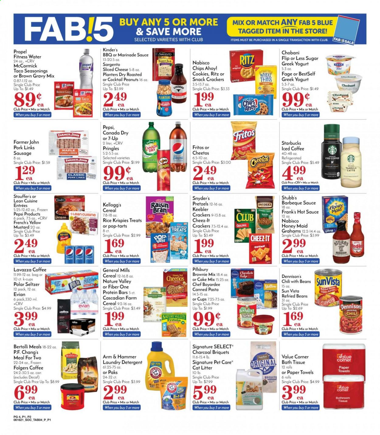 thumbnail - Pavilions Flyer - 06/16/2021 - 06/22/2021 - Sales products - pretzels, brownie mix, cake mix, pasta, sauce, Pillsbury, Lean Cuisine, Bertolli, sausage, sliced cheese, Pepper Jack cheese, cheese, Sargento, greek yoghurt, yoghurt, Chobani, Stouffer's, cookies, fudge, crackers, Kellogg's, Pop-Tarts, Chips Ahoy!, Keebler, RITZ, Fritos, Pringles, Cheetos, Thins, Cheez-It, ARM & HAMMER, refried beans, Chef Boyardee, cereals, Cheerios, protein bar, Rice Krispies, Raisin Bran, Honey Maid, Nature Valley, Fiber One, gravy mix, BBQ sauce, mustard, hot sauce, marinade, peanuts, Planters, Canada Dry, ginger ale, Pepsi, 7UP, seltzer water, Evian, iced coffee, Starbucks, Folgers, coffee capsules, K-Cups, Lavazza, bath tissue, kitchen towels, paper towels, detergent, laundry detergent, cat litter, bag. Page 4.