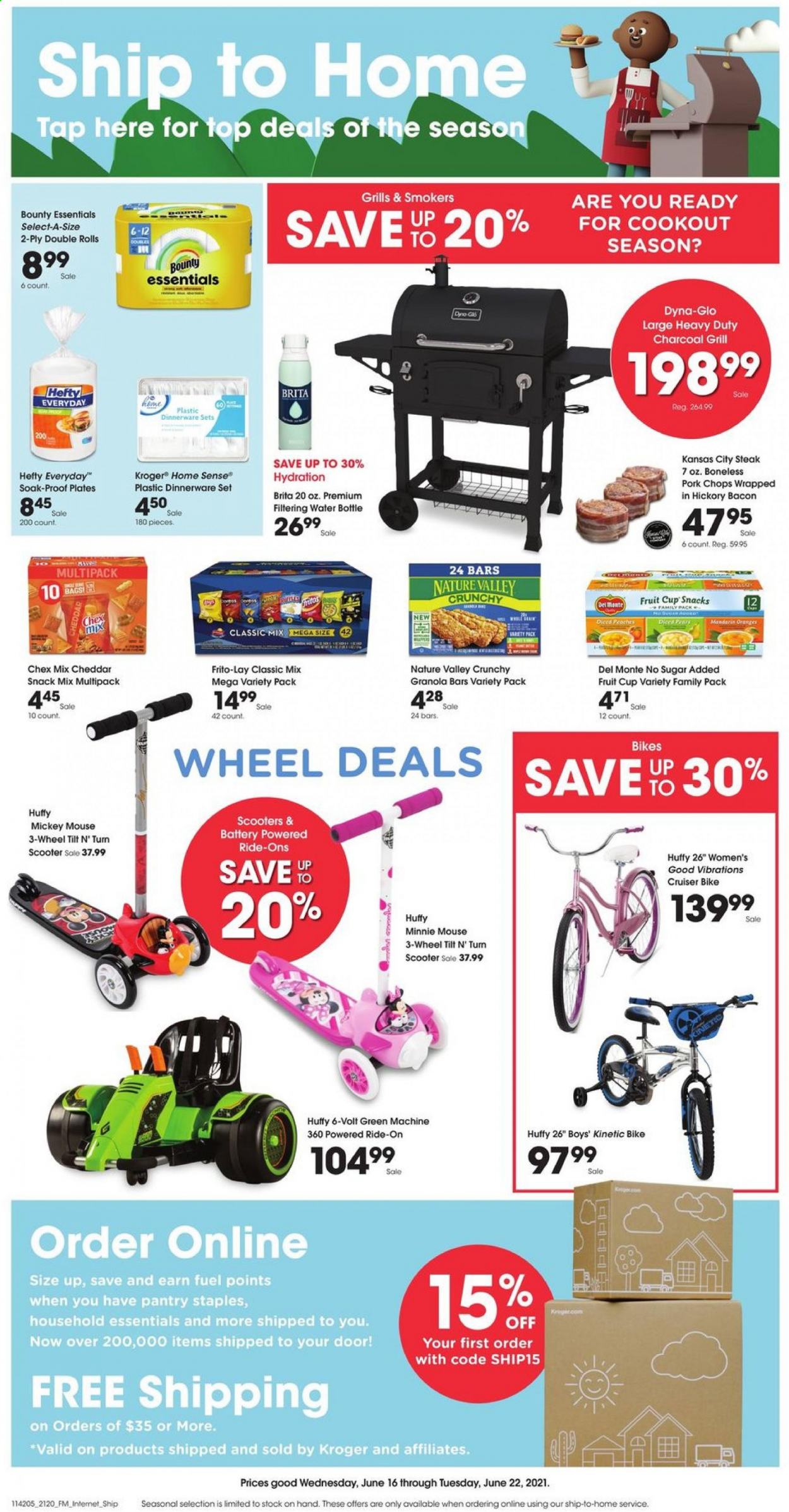 thumbnail - Baker's Flyer - 06/16/2021 - 06/22/2021 - Sales products - mandarines, bacon, hickory bacon, cheddar, snack, Bounty, Frito-Lay, Chex Mix, granola bar, Nature Valley, steak, pork chops, pork meat, Mickey Mouse, Hefty, dinnerware set, plate, drink bottle, Minnie Mouse, cruiser, grill. Page 1.