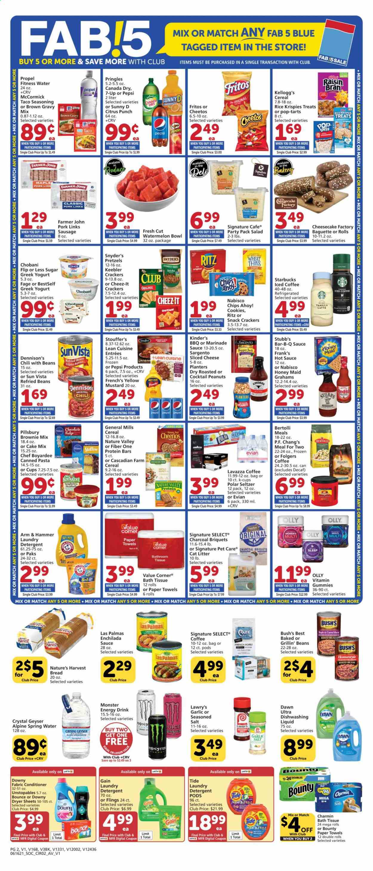 thumbnail - Albertsons Flyer - 06/16/2021 - 06/22/2021 - Sales products - baguette, bread, pretzels, cheesecake, brownie mix, cake mix, garlic, salad, watermelon, pasta, sauce, Pillsbury, Lean Cuisine, Bertolli, sausage, sliced cheese, Pepper Jack cheese, cheese, Sargento, greek yoghurt, yoghurt, Chobani, Stouffer's, cookies, fudge, snack, Bounty, crackers, Kellogg's, Pop-Tarts, Chips Ahoy!, Keebler, RITZ, Fritos, Pringles, Cheetos, Thins, Cheez-It, ARM & HAMMER, enchilada sauce, refried beans, baked beans, Chef Boyardee, cereals, Cheerios, protein bar, Rice Krispies, Raisin Bran, Honey Maid, Nature Valley, Fiber One, gravy mix, spice, mustard, hot sauce, marinade, peanuts, Planters, Canada Dry, Pepsi, juice, energy drink, Monster, 7UP, fruit punch, seltzer water, spring water, Evian, iced coffee, Starbucks, Folgers, coffee capsules, K-Cups, Lavazza, sake, bath tissue, kitchen towels, paper towels, Charmin, detergent, Gain, Tide, Unstopables, laundry detergent, dryer sheets, Downy Laundry, cat litter. Page 2.
