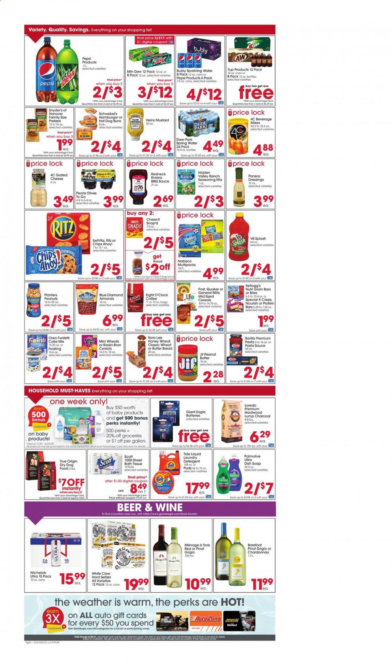thumbnail - Giant Eagle Flyer - 06/17/2021 - 06/23/2021 - Sales products - Michelob, bread, pretzels, buns, Sara Lee, cake mix, pasta sauce, sauce, Barilla, Quaker, cheese, grated cheese, Oreo, Kellogg's, RITZ, chips, Cheez-It, frosting, Heinz, olives, cereals, Cheerios, protein bar, Raisin Bran, belVita, Nutri-Grain, spice, BBQ sauce, mustard, peanut butter, Jif, almonds, peanuts, Planters, Blue Diamond, Mountain Dew, Pepsi, 7UP, spring water, sparkling water, coffee, L'Or, Eight O'Clock, white wine, Chardonnay, Pinot Grigio, White Claw, Hard Seltzer, beer, Pampers, bath tissue, detergent, Tide, laundry detergent, Palmolive, soap, gallon, battery, animal food, dog food, dry dog food, charcoal, Desitin. Page 4.