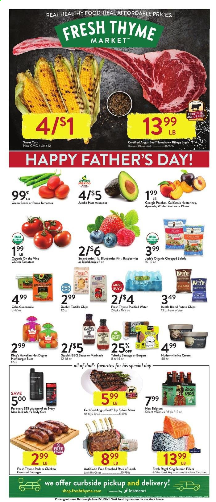 thumbnail - Fresh Thyme Flyer - 06/16/2021 - 06/22/2021 - Sales products - plums, buns, burger buns, beans, corn, green beans, tomatoes, chopped salad, blackberries, blueberries, raspberries, strawberries, apricots, salmon, salmon fillet, hot dog, sausage, guacamole, tortilla chips, potato chips, chips, BBQ sauce, marinade, purified water, beef meat, beef sirloin, beef steak, steak, sirloin steak, ribeye steak, tomahawk steak, rib chops, lamb meat, rack of lamb, nectarines, peaches. Page 1.