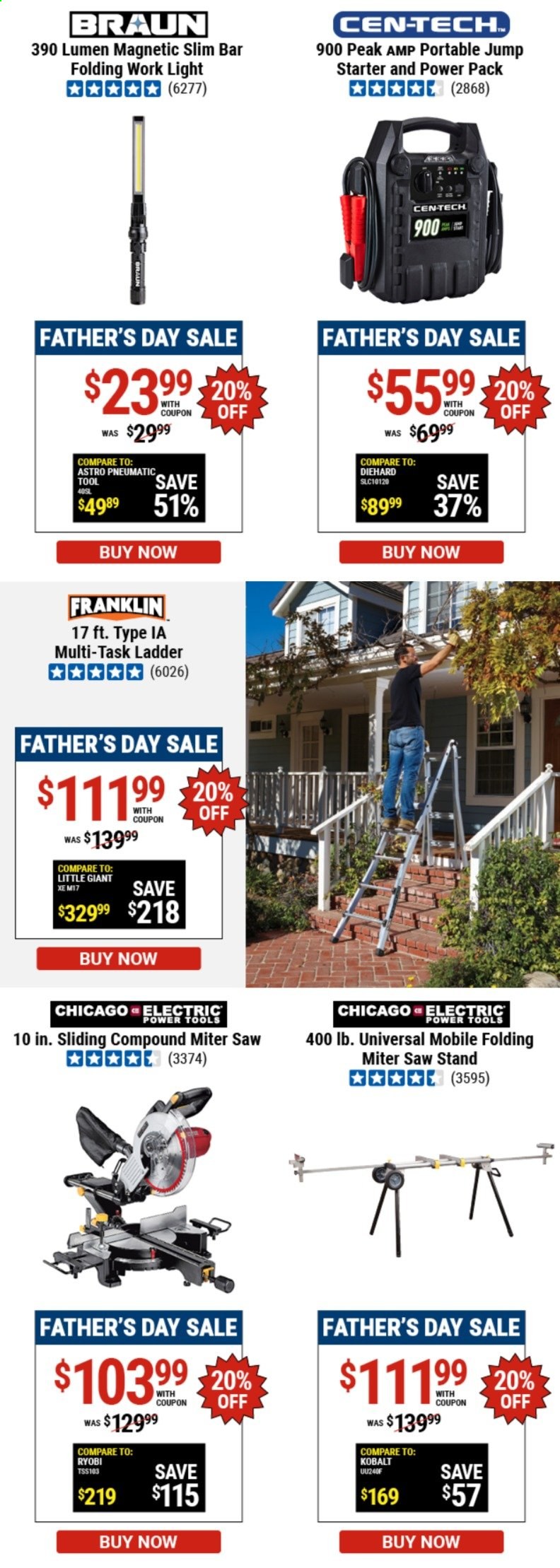 thumbnail - Harbor Freight Flyer - 06/14/2021 - 06/17/2021 - Sales products - Braun, ladder, work light, power tools, Ryobi, saw, saw stand, starter. Page 3.