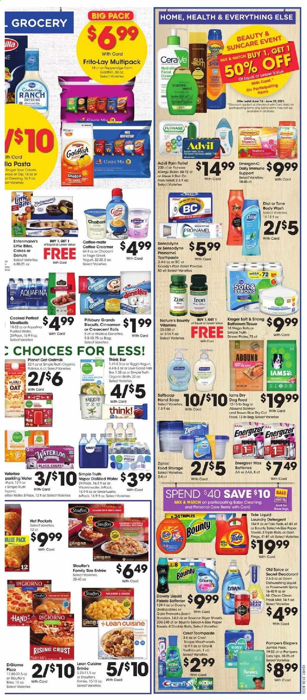 thumbnail - King Soopers Flyer - 06/16/2021 - 06/22/2021 - Sales products - cake, donut, Entenmann's, cherries, hot pocket, pizza, pasta, Pillsbury, Lean Cuisine, greek yoghurt, yoghurt, Chobani, Coffee-Mate, oat milk, sour cream, creamer, ranch dressing, dip, Stouffer's, biscuit, Little Bites, Goldfish, Frito-Lay, broth, rice, spice, cinnamon, dressing, Aquafina, Smartwater, Pampers, nappies, bath tissue, kitchen towels, paper towels, detergent, Gain, Tide, fabric softener, laundry detergent, Bounce, Downy Laundry, dishwashing liquid, body wash, Softsoap, Old Spice, Dial, toothbrush, toothpaste, Sensodyne, mouthwash, Crest, anti-perspirant, roll-on, deodorant, Ziploc, battery, Energizer, animal food, dog food, Iams, iron, scope, boat, distilled water, pain relief, Aleve, Nature's Bounty, vitamin c, zinc, Advil Rapid, Emergen-C. Page 5.