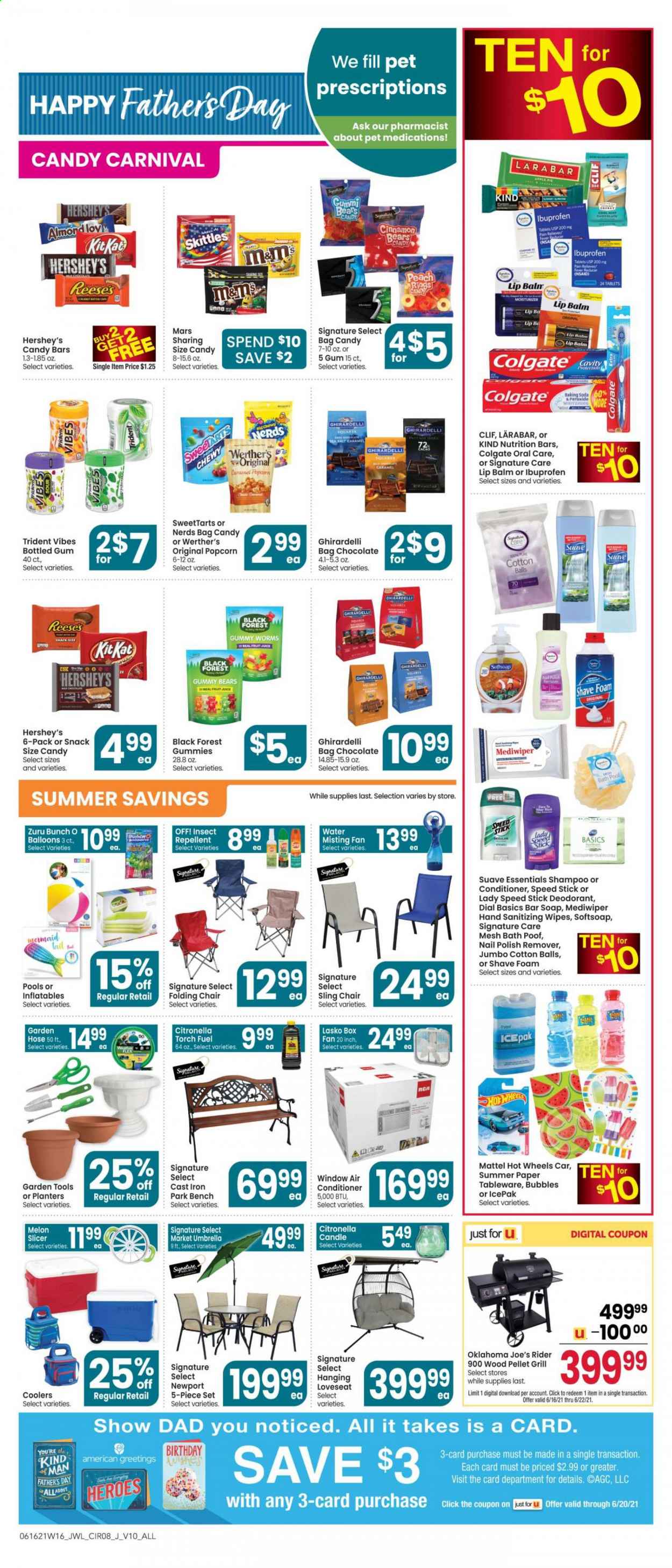 thumbnail - Jewel Osco Flyer - 06/16/2021 - 06/22/2021 - Sales products - milk, Reese's, Hershey's, chocolate, Mars, M&M's, Skittles, Trident, Ghirardelli, popcorn, bicarbonate of soda, salt, nutrition bar, cinnamon, Planters, juice, fruit juice, wipes, cotton balls, antiseptic wipes, shampoo, Softsoap, Suave, soap bar, Dial, soap, Colgate, lip balm, moisturizer, conditioner, anti-perspirant, Speed Stick, deodorant, repellent, nail polish remover, tableware, slicer, paper, balloons, candle, garden hose, Ibuprofen, melons. Page 8.