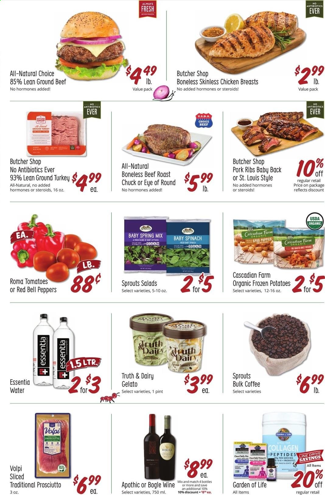 thumbnail - Sprouts Flyer - 06/16/2021 - 06/22/2021 - Sales products - bell peppers, spinach, tomatoes, potatoes, peppers, prosciutto, gelato, coffee, wine, ground turkey, chicken breasts, beef meat, ground beef, eye of round, roast beef, pork meat, pork ribs, pork back ribs. Page 2.