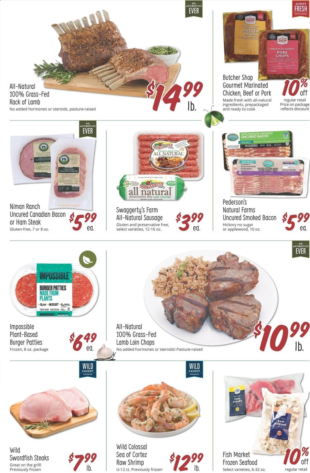 thumbnail - Sprouts Flyer - 06/16/2021 - 06/22/2021 - Sales products - swordfish, tuna, seafood, shrimps, hamburger, bacon, canadian bacon, sausage, ham steaks, chicken thighs, steak, burger patties, pork chops, pork meat, lamb loin, lamb meat, rack of lamb. Page 5.