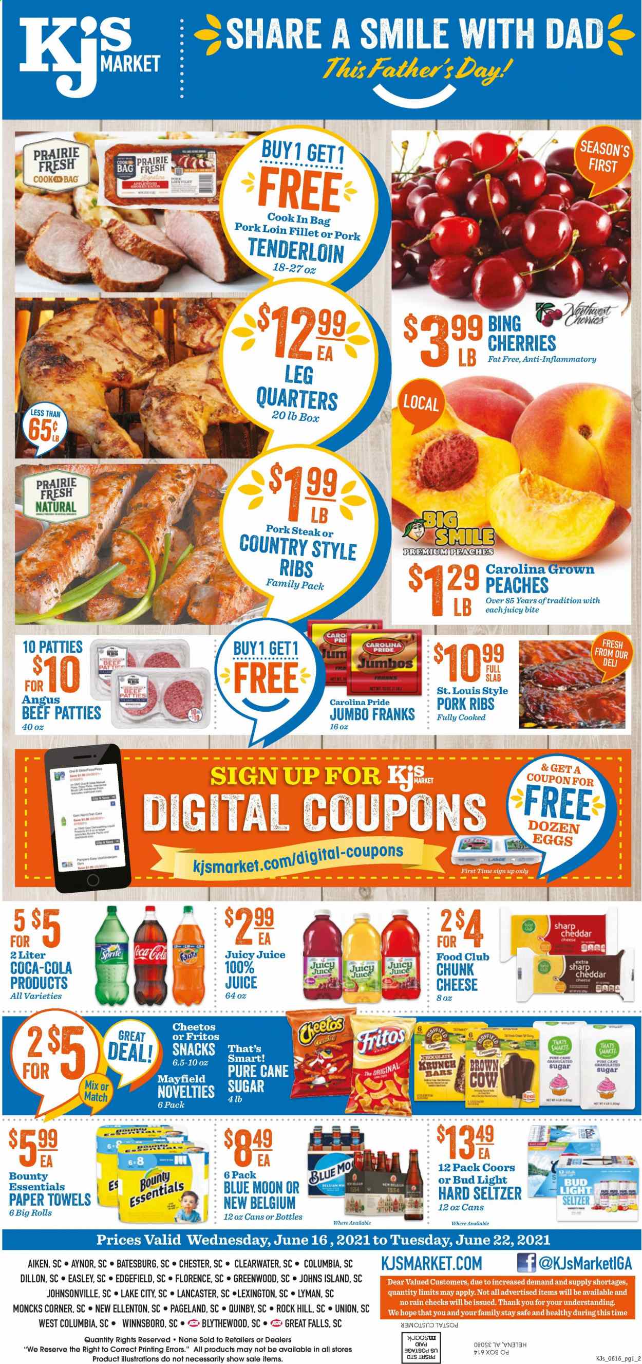 thumbnail - KJ´s Market Flyer - 06/16/2021 - 06/22/2021 - Sales products - Coors, Blue Moon, cherries, Johnsonville, cheddar, cheese, chunk cheese, eggs, chocolate, Bounty, Fritos, Cheetos, cane sugar, sugar, Coca-Cola, juice, Hard Seltzer, beer, Bud Light, beef meat, steak, pork chops, pork loin, pork meat, pork ribs, pork tenderloin, country style ribs, kitchen towels, paper towels, peaches. Page 1.