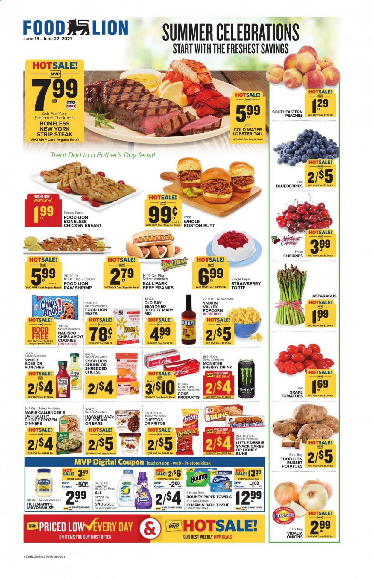 thumbnail - Food Lion Flyer - 06/16/2021 - 06/22/2021 - Sales products - buns, asparagus, russet potatoes, tomatoes, potatoes, onion, blueberries, cherries, lobster, lobster tail, shrimps, pasta, Healthy Choice, Marie Callender's, shredded cheese, mayonnaise, Hellmann’s, ice cream, Häagen-Dazs, cookies, snack, Bounty, Chips Ahoy!, Fritos, Cheetos, oatmeal, penne, energy drink, Monster, Monster Energy, chicken breasts, beef meat, steak, striploin steak, bath tissue, kitchen towels, paper towels, Charmin, Snuggle, pan, peaches. Page 1.