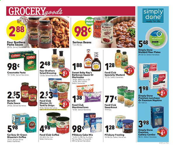 thumbnail - Coborn's Flyer - 06/16/2021 - 06/22/2021 - Sales products - tortillas, cake mix, pasta sauce, Pillsbury, Four Brothers, Bertolli, lunch meat, marshmallows, frosting, sauerkraut, Creamette, BBQ sauce, mustard, salad dressing, dressing, coffee, Green Mountain, napkins, plate. Page 7.