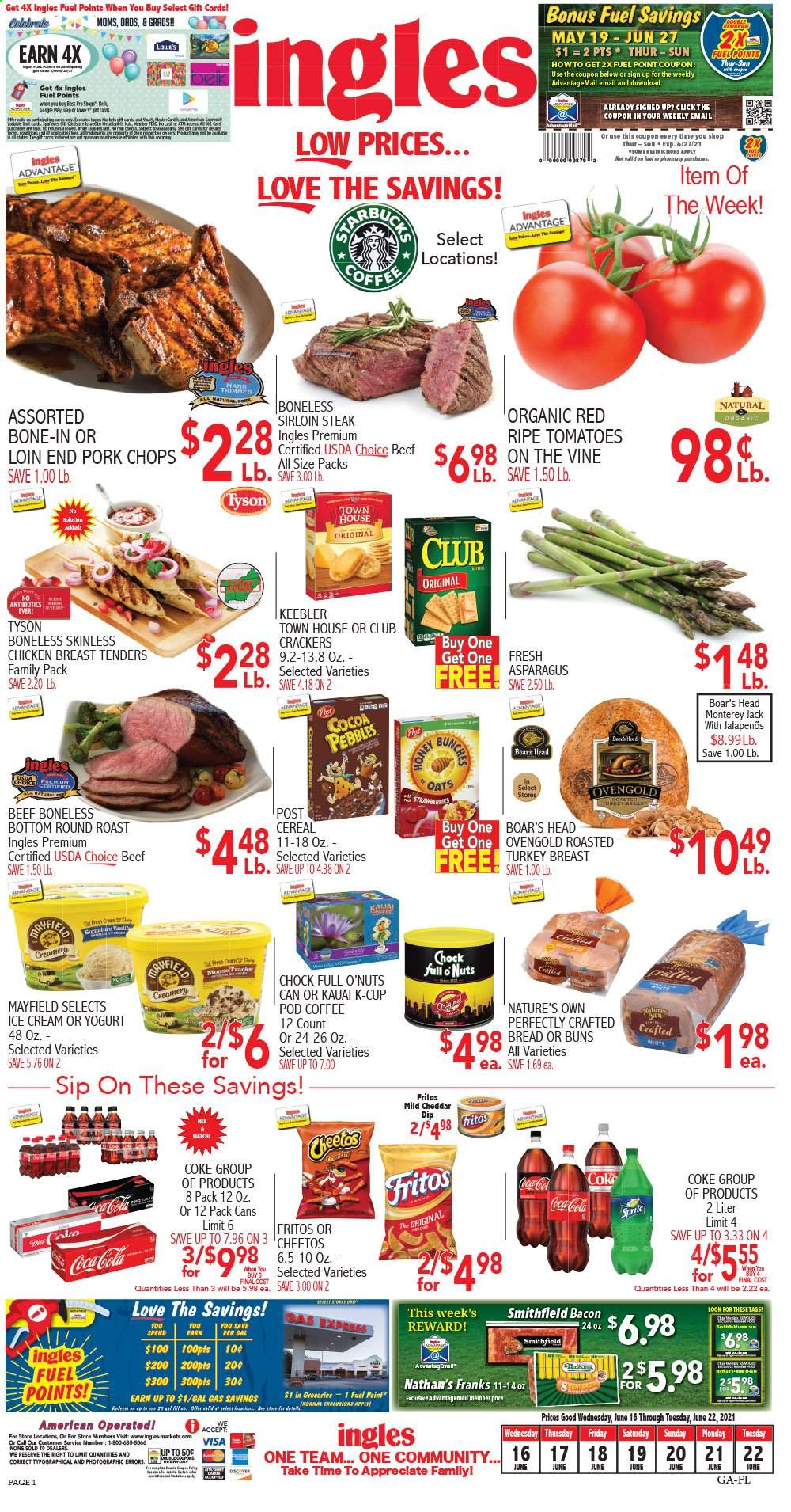 thumbnail - Ingles Flyer - 06/16/2021 - 06/22/2021 - Sales products - bread, buns, asparagus, tomatoes, bacon, Monterey Jack cheese, cheddar, yoghurt, dip, ice cream, crackers, Keebler, Fritos, Cheetos, oats, cereals, Coca-Cola, coffee, coffee capsules, K-Cups, turkey breast, chicken tenders, beef meat, beef sirloin, steak, round roast, sirloin steak, pork chops, pork meat, Nature's Own. Page 1.