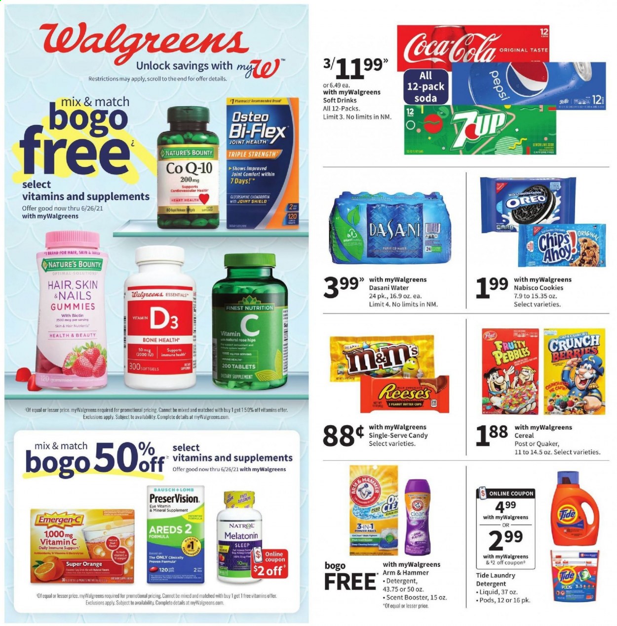 thumbnail - Walgreens Flyer - 06/20/2021 - 06/26/2021 - Sales products - Quaker, milk, Oreo, Reese's, cookies, 7 Days, peanut butter cups, chips, ARM & HAMMER, cocoa, cereals, Fruity Pebbles, Coca-Cola, Pepsi, soft drink, soda, purified water, wine, rosé wine, detergent, Tide, laundry detergent, Biotin, glucosamine, Natrol, Nature's Bounty, vitamin c, Bi-Flex, Emergen-C, vitamin D3, dietary supplement. Page 1.